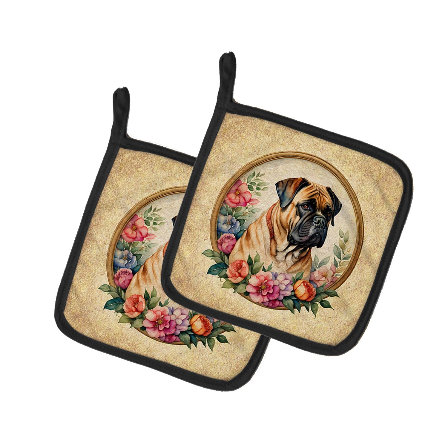 Bullmastiff and Flowers Pair of Pot Holders Kitchen Heat Resistant Pot Holders Sets Oven Hot Pads for Cooking Baking BBQ, 7 1/2 