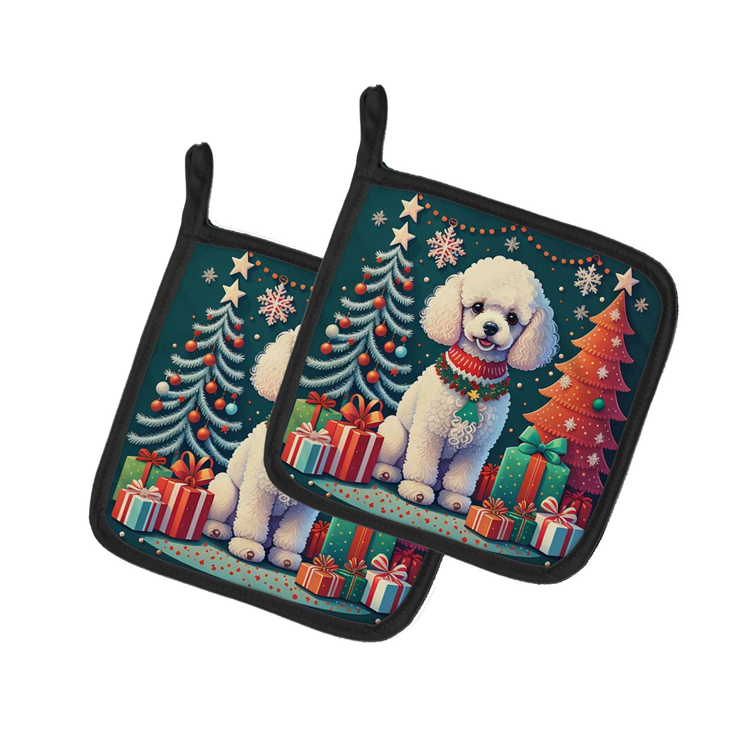 White Toy Poodle Christmas Pair of Pot Holders Kitchen Heat Resistant Pot Holders Sets Oven Hot Pads for Cooking Baking BBQ, 7 1