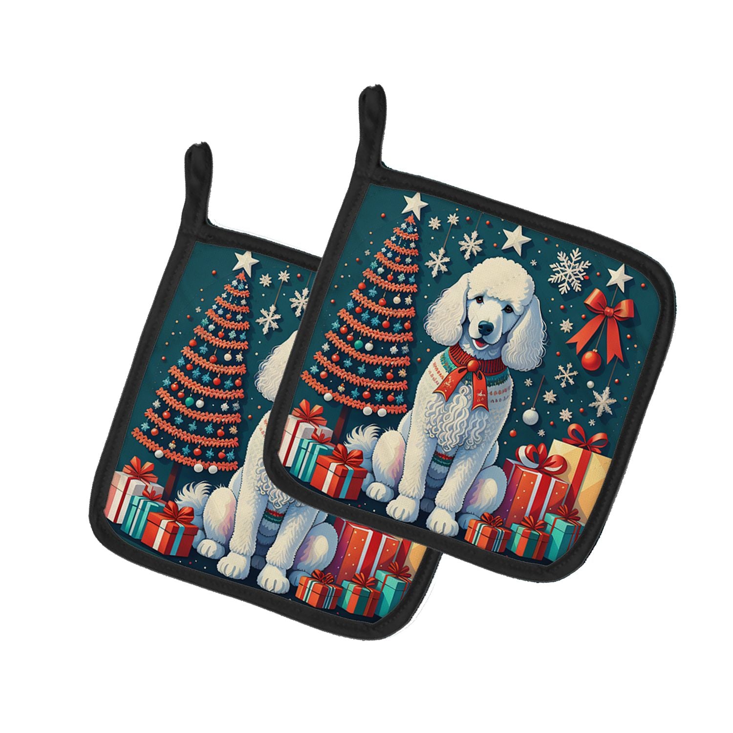 White Poodle Christmas Pair of Pot Holders Kitchen Heat Resistant Pot Holders Sets Oven Hot Pads for Cooking Baking BBQ, 7 1/2 x