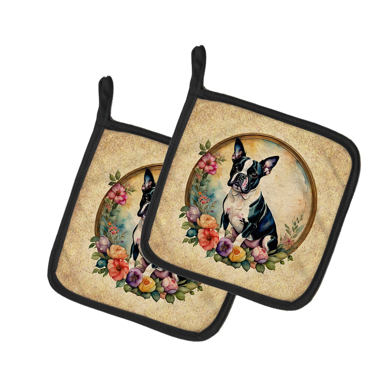 Boston Terrier and Flowers Pair of Pot Holders Kitchen Heat Resistant Pot Holders Sets Oven Hot Pads for Cooking Baking BBQ, 7 1