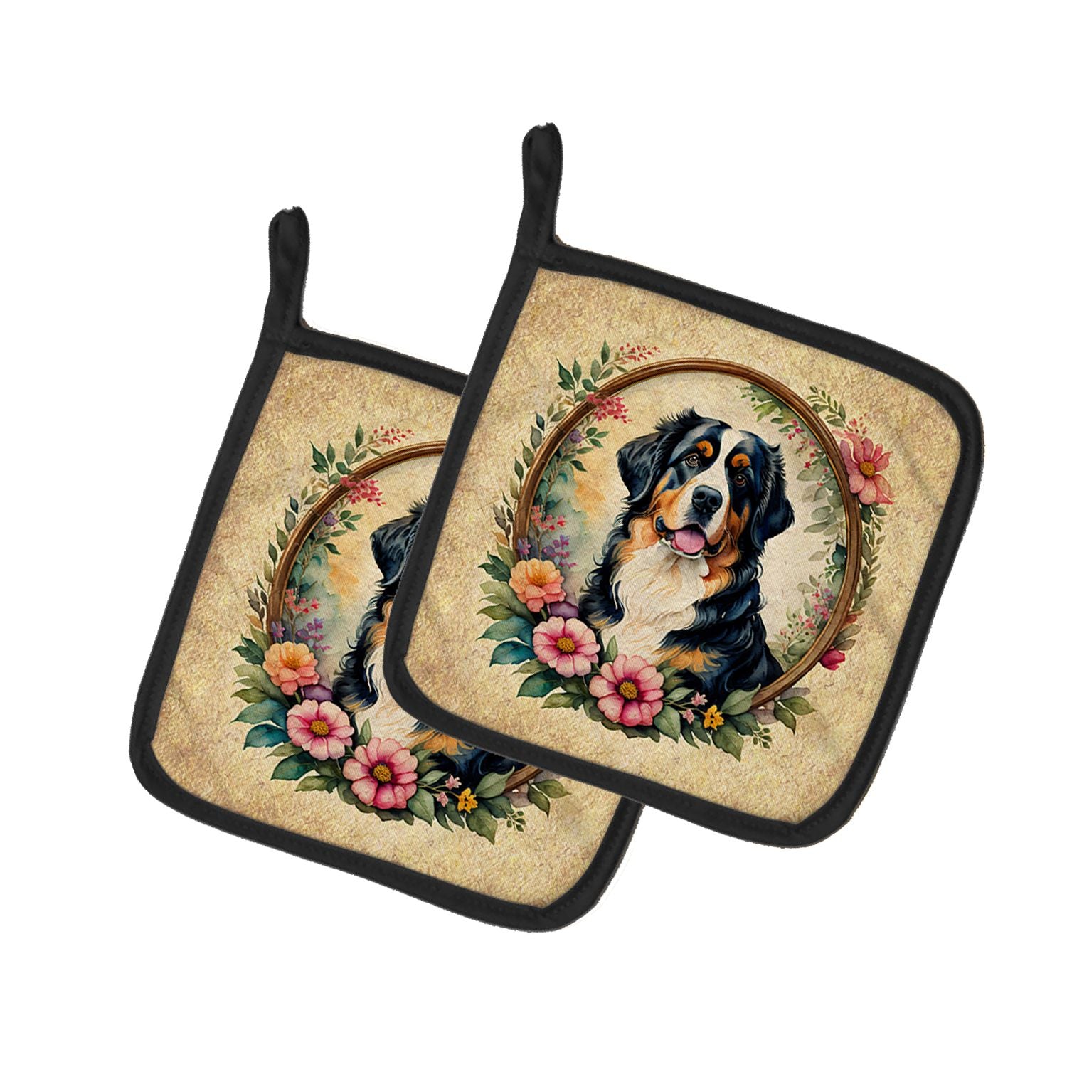 Bernese Mountain Dog and Flowers Pair of Pot Holders Kitchen Heat Resistant Pot Holders Sets Oven Hot Pads for Cooking Baking BB
