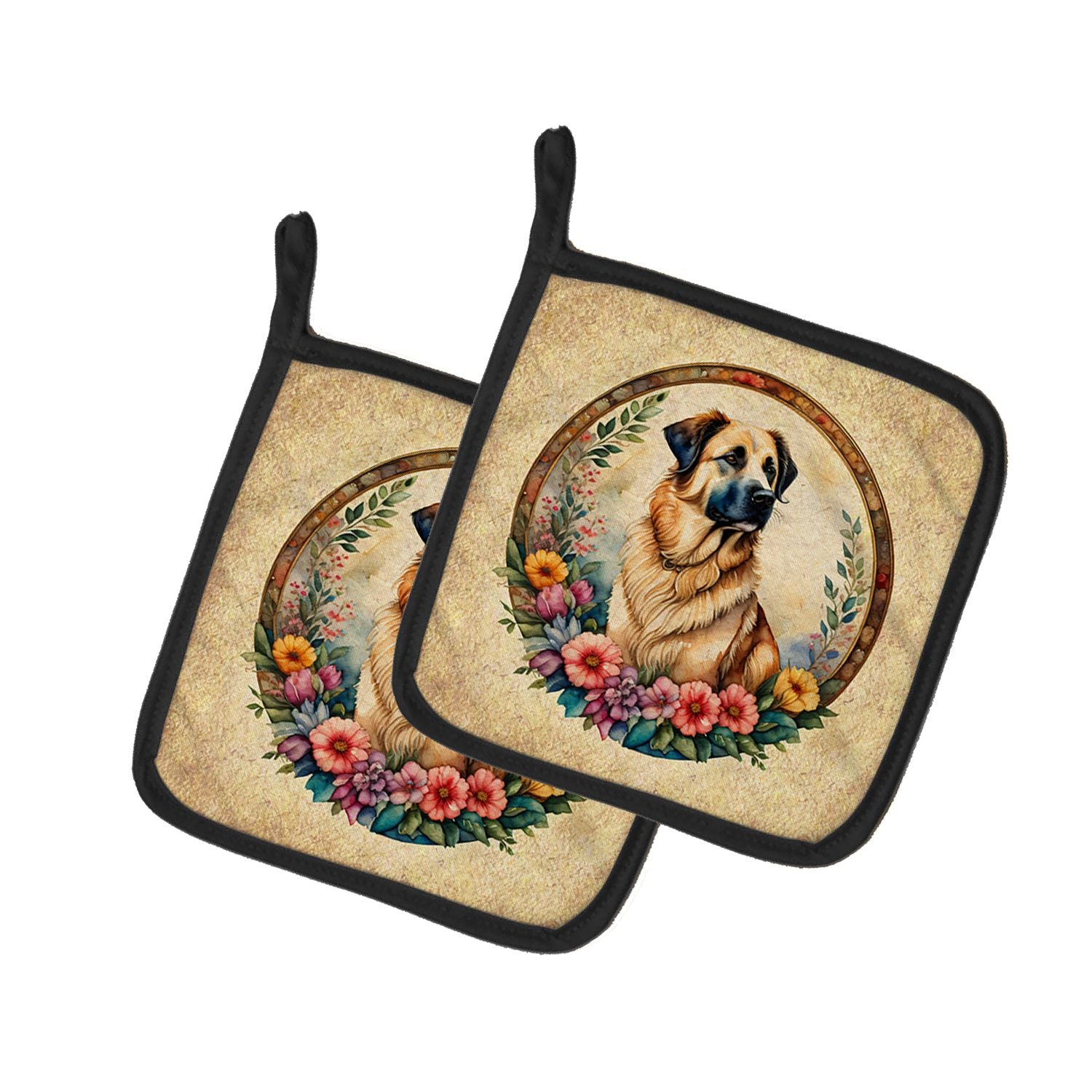 Anatolian Shepherd Dog and Flowers Pair of Pot Holders Kitchen Heat Resistant Pot Holders Sets Oven Hot Pads for Cooking Baking 