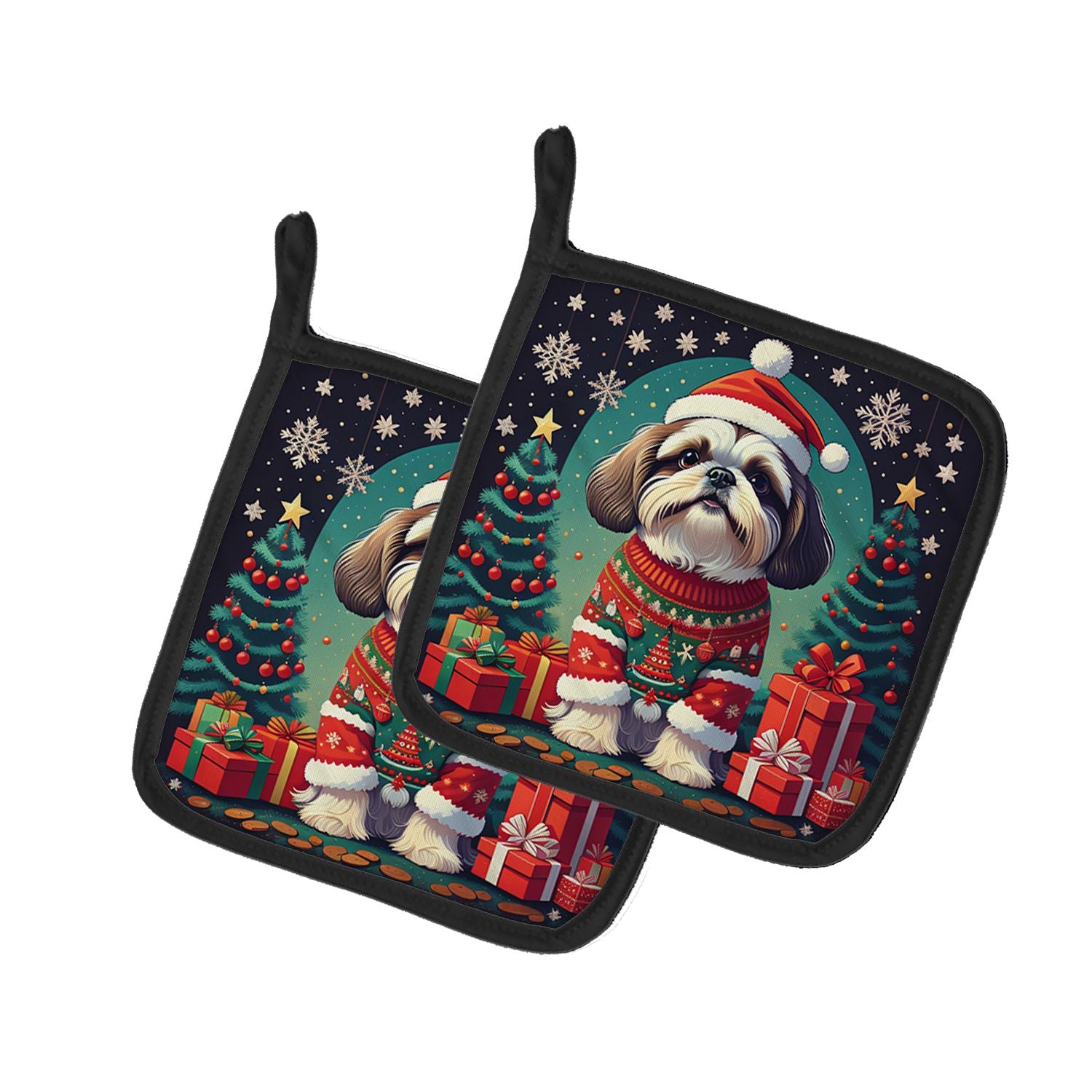 Shih Tzu Christmas Pair of Pot Holders Kitchen Heat Resistant Pot Holders Sets Oven Hot Pads for Cooking Baking BBQ, 7 1/2 x 7 1