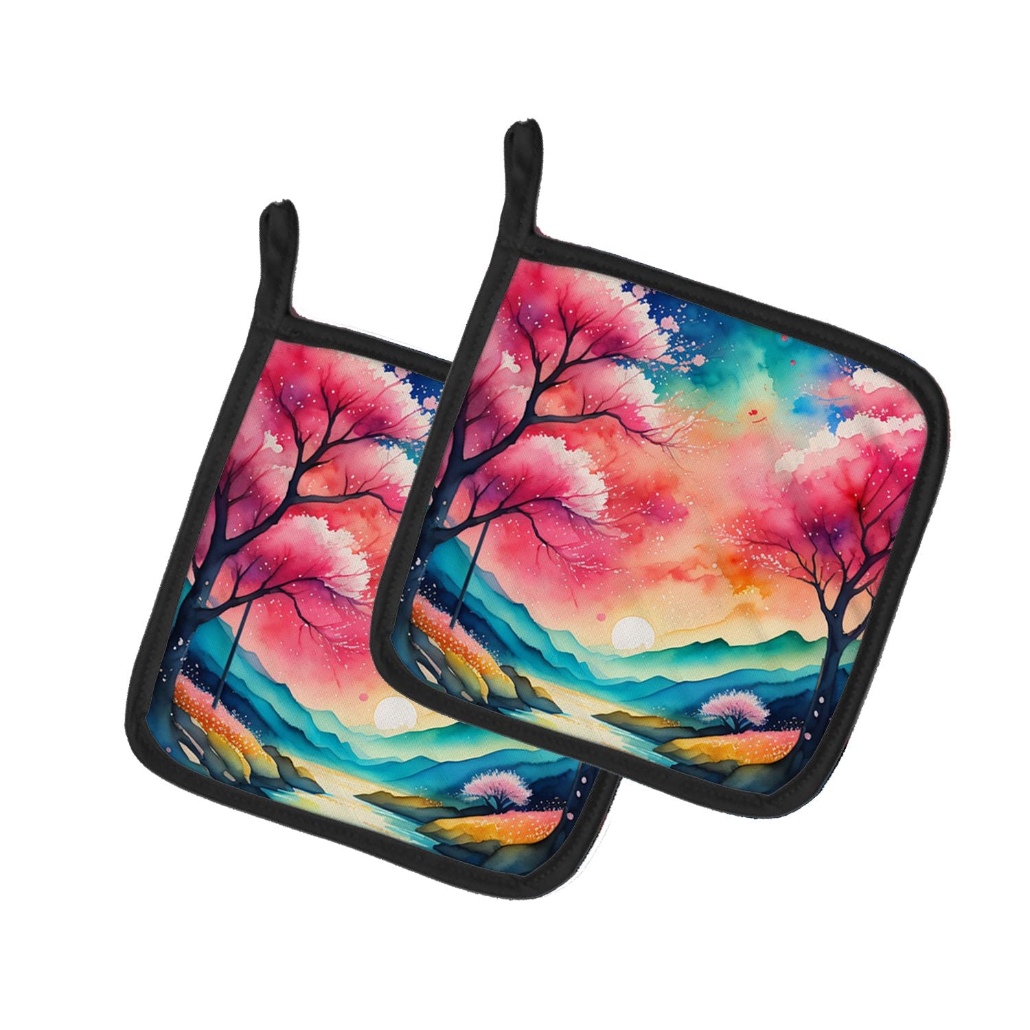 Colorful Cherry Blossoms Pair of Pot Holders Kitchen Heat Resistant Pot Holders Sets Oven Hot Pads for Cooking Baking BBQ, 7 1/2