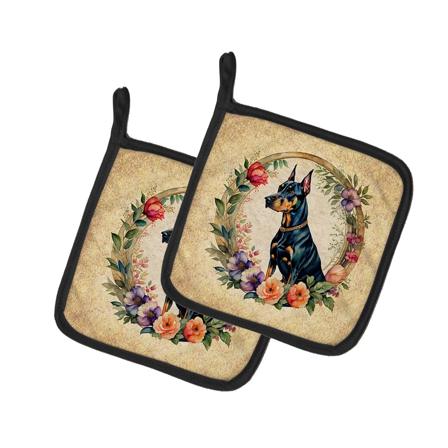 Doberman Pinscher and Flowers Pair of Pot Holders Kitchen Heat Resistant Pot Holders Sets Oven Hot Pads for Cooking Baking BBQ, 