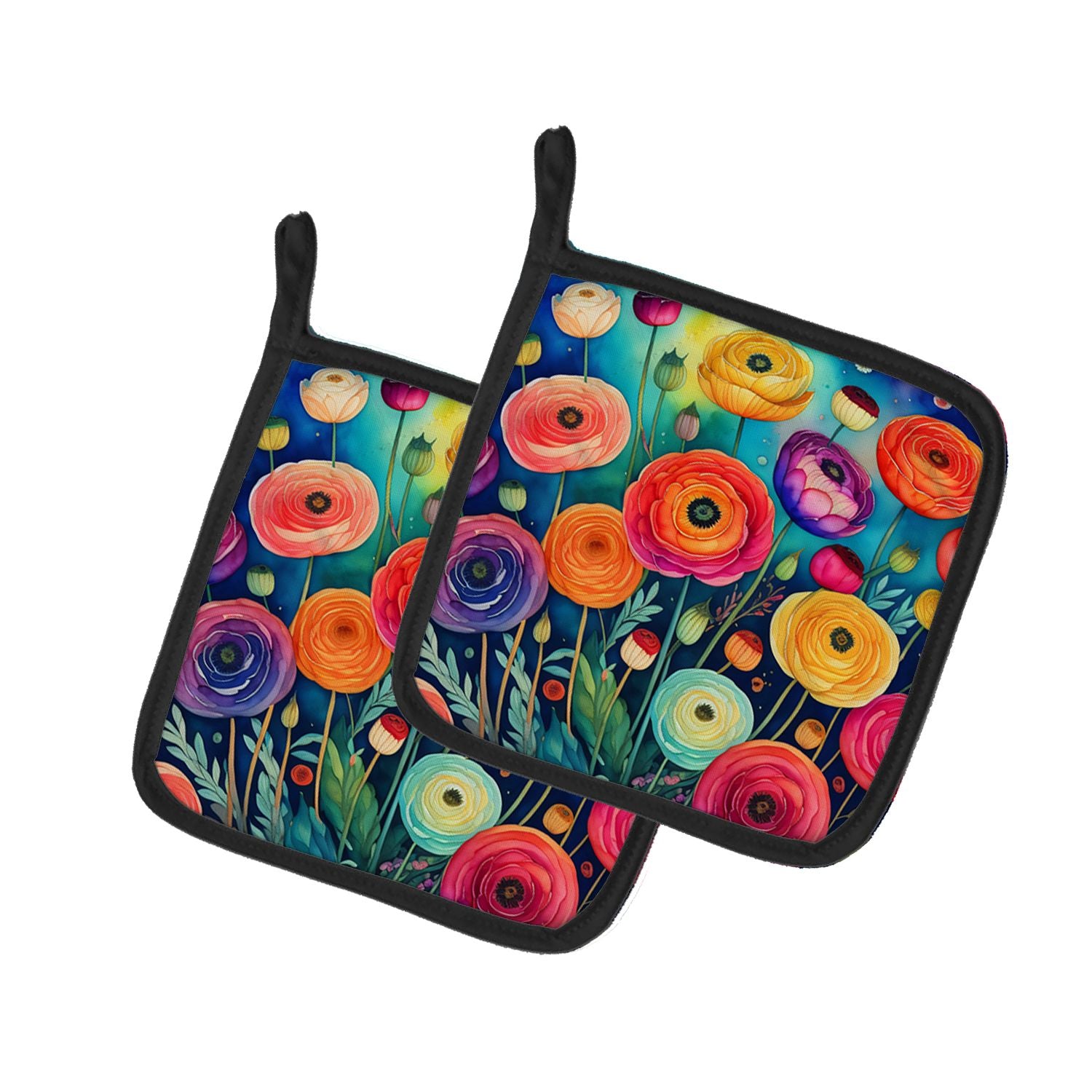 Colorful Ranunculus Pair of Pot Holders Kitchen Heat Resistant Pot Holders Sets Oven Hot Pads for Cooking Baking BBQ, 7 1/2 x 7 