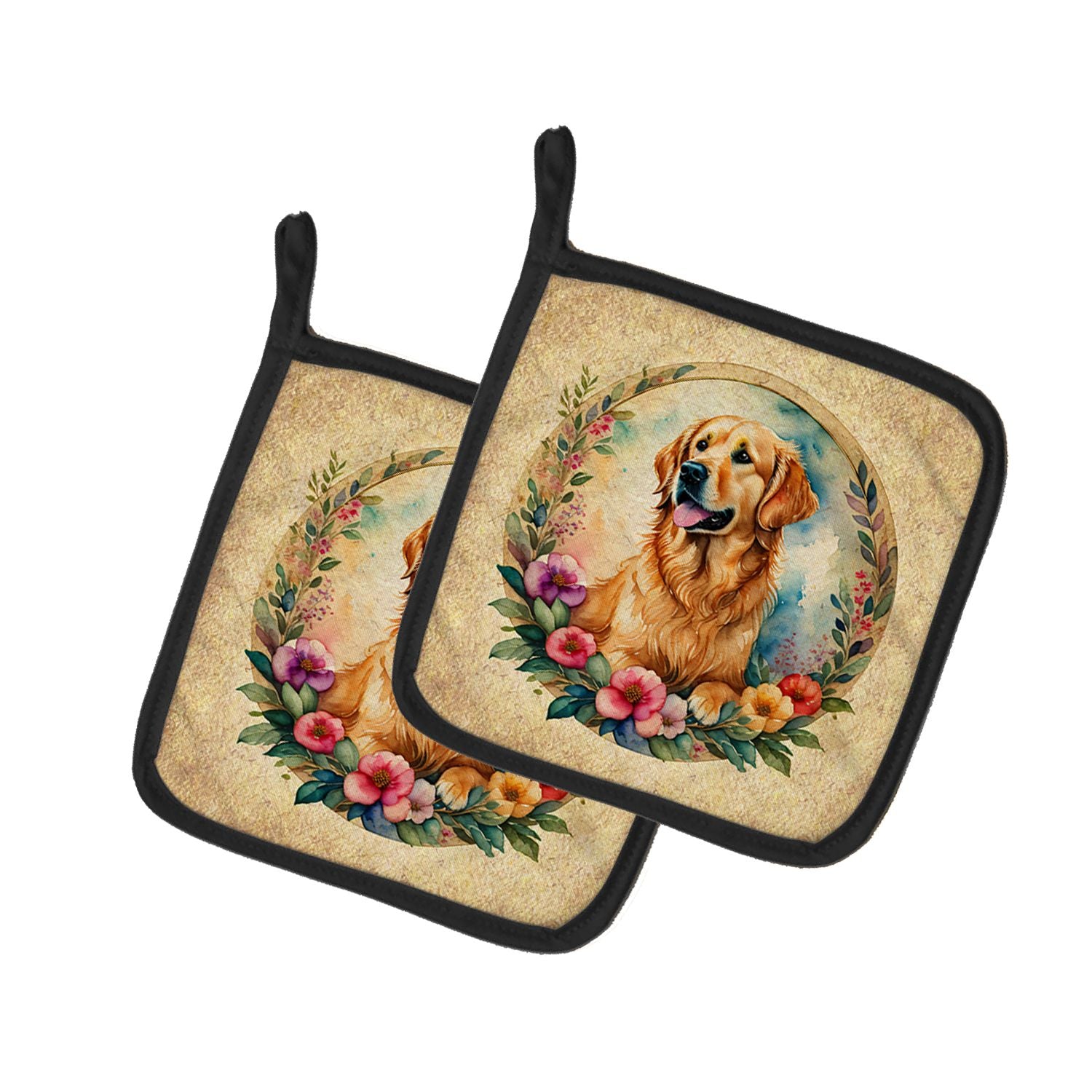 Golden Retriever and Flowers Pair of Pot Holders Kitchen Heat Resistant Pot Holders Sets Oven Hot Pads for Cooking Baking BBQ, 7