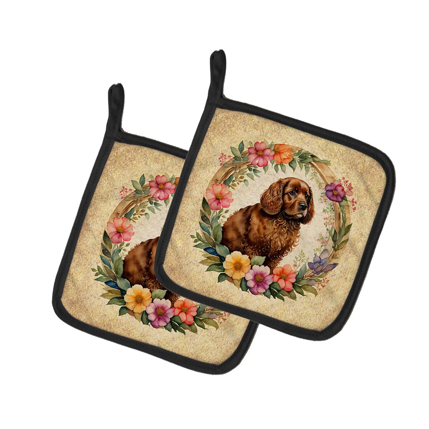 American Water Spaniel and Flowers Pair of Pot Holders Kitchen Heat Resistant Pot Holders Sets Oven Hot Pads for Cooking Baking 