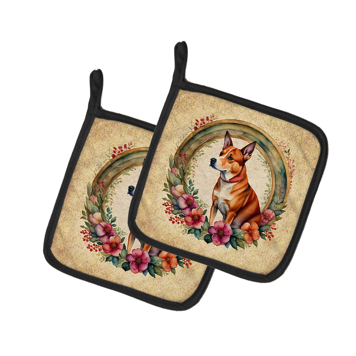 Basenji and Flowers Pair of Pot Holders Kitchen Heat Resistant Pot Holders Sets Oven Hot Pads for Cooking Baking BBQ, 7 1/2 x 7 