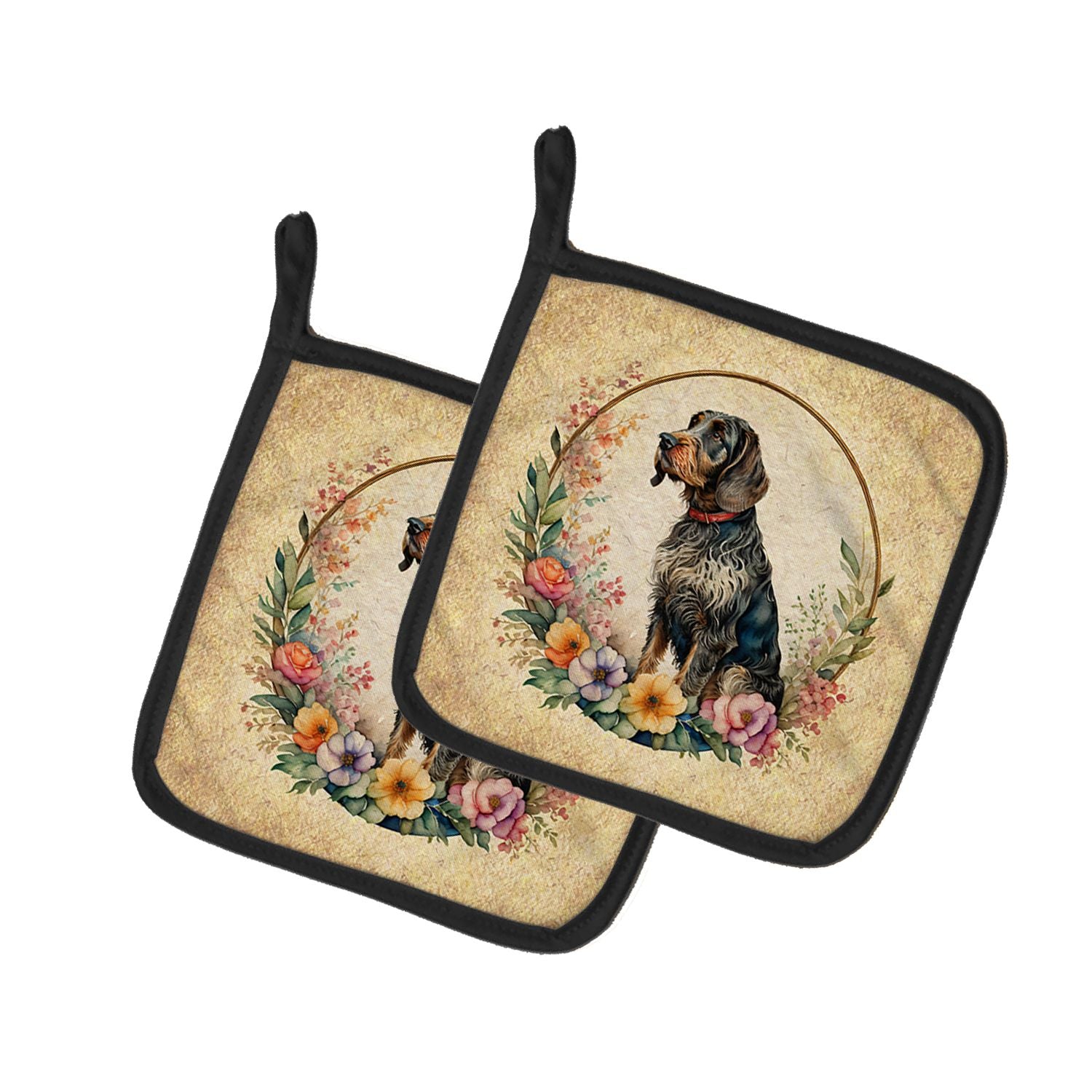 German Wirehaired Pointer and Flowers Pair of Pot Holders Kitchen Heat Resistant Pot Holders Sets Oven Hot Pads for Cooking Baki
