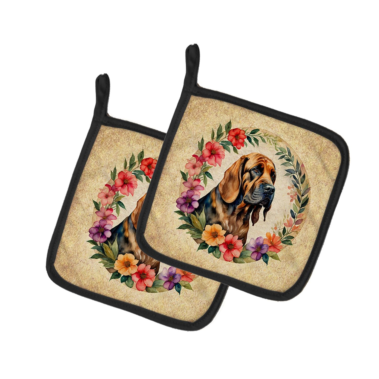 Bloodhound and Flowers Pair of Pot Holders Kitchen Heat Resistant Pot Holders Sets Oven Hot Pads for Cooking Baking BBQ, 7 1/2 x