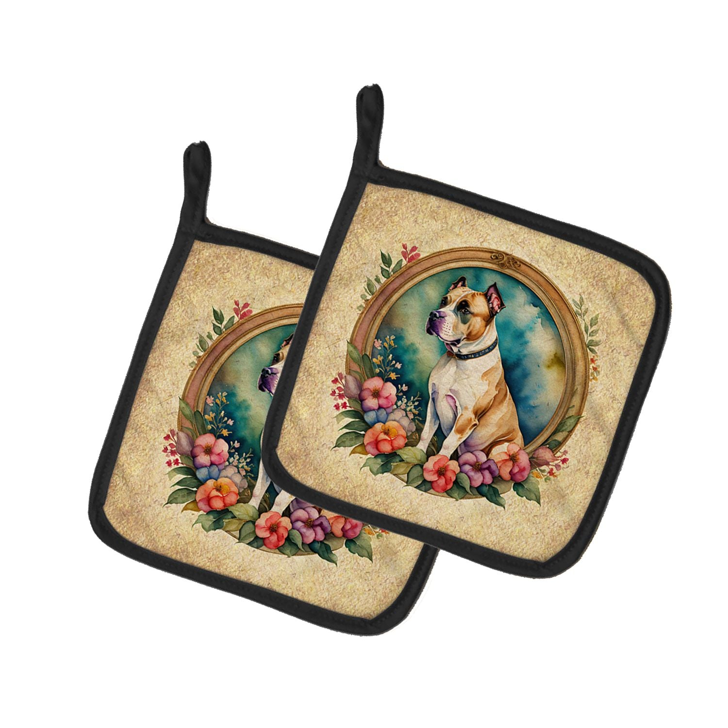 American Staffordshire Terrier and Flowers Pair of Pot Holders Kitchen Heat Resistant Pot Holders Sets Oven Hot Pads for Cooking