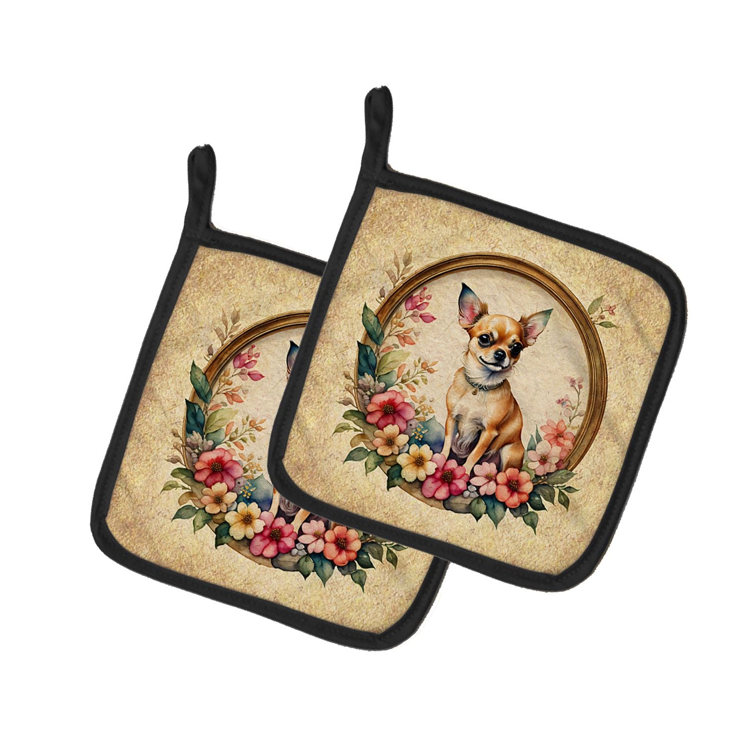 Chihuahua and Flowers Pair of Pot Holders Kitchen Heat Resistant Pot Holders Sets Oven Hot Pads for Cooking Baking BBQ, 7 1/2 x 