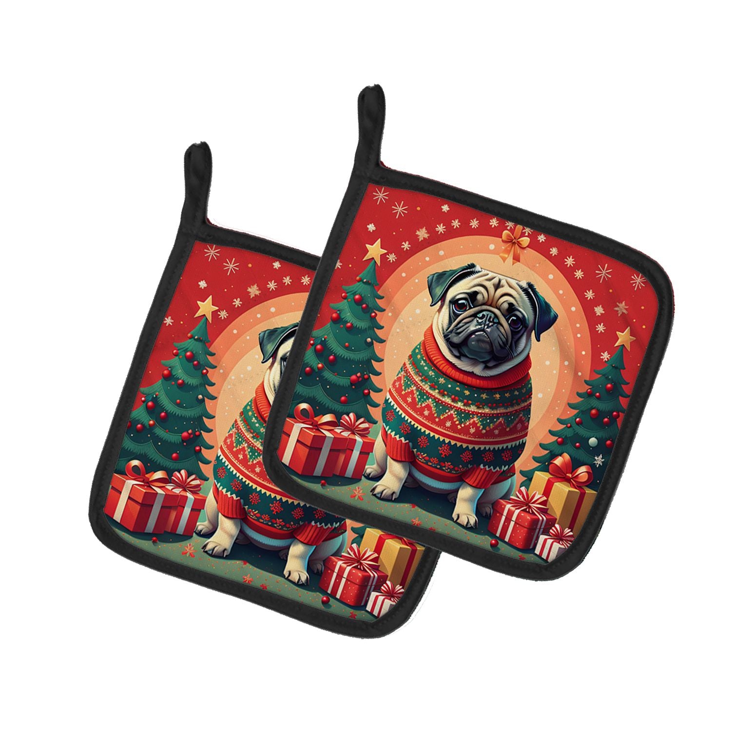 Fawn Pug Christmas Pair of Pot Holders Kitchen Heat Resistant Pot Holders Sets Oven Hot Pads for Cooking Baking BBQ, 7 1/2 x 7 1