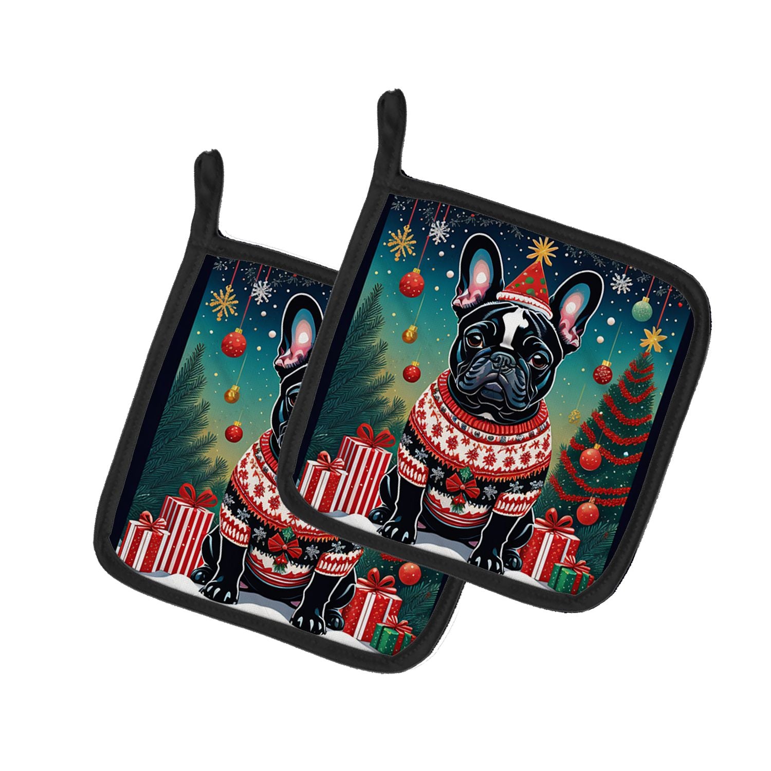 Black French Bulldog Christmas Pair of Pot Holders Kitchen Heat Resistant Pot Holders Sets Oven Hot Pads for Cooking Baking BBQ,