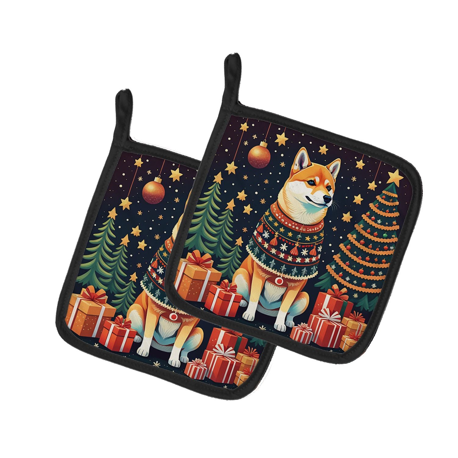 Shiba Inu Christmas Pair of Pot Holders Kitchen Heat Resistant Pot Holders Sets Oven Hot Pads for Cooking Baking BBQ, 7 1/2 x 7 