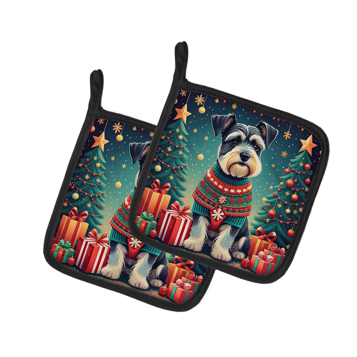 Schnauzer Christmas Pair of Pot Holders Kitchen Heat Resistant Pot Holders Sets Oven Hot Pads for Cooking Baking BBQ, 7 1/2 x 7 
