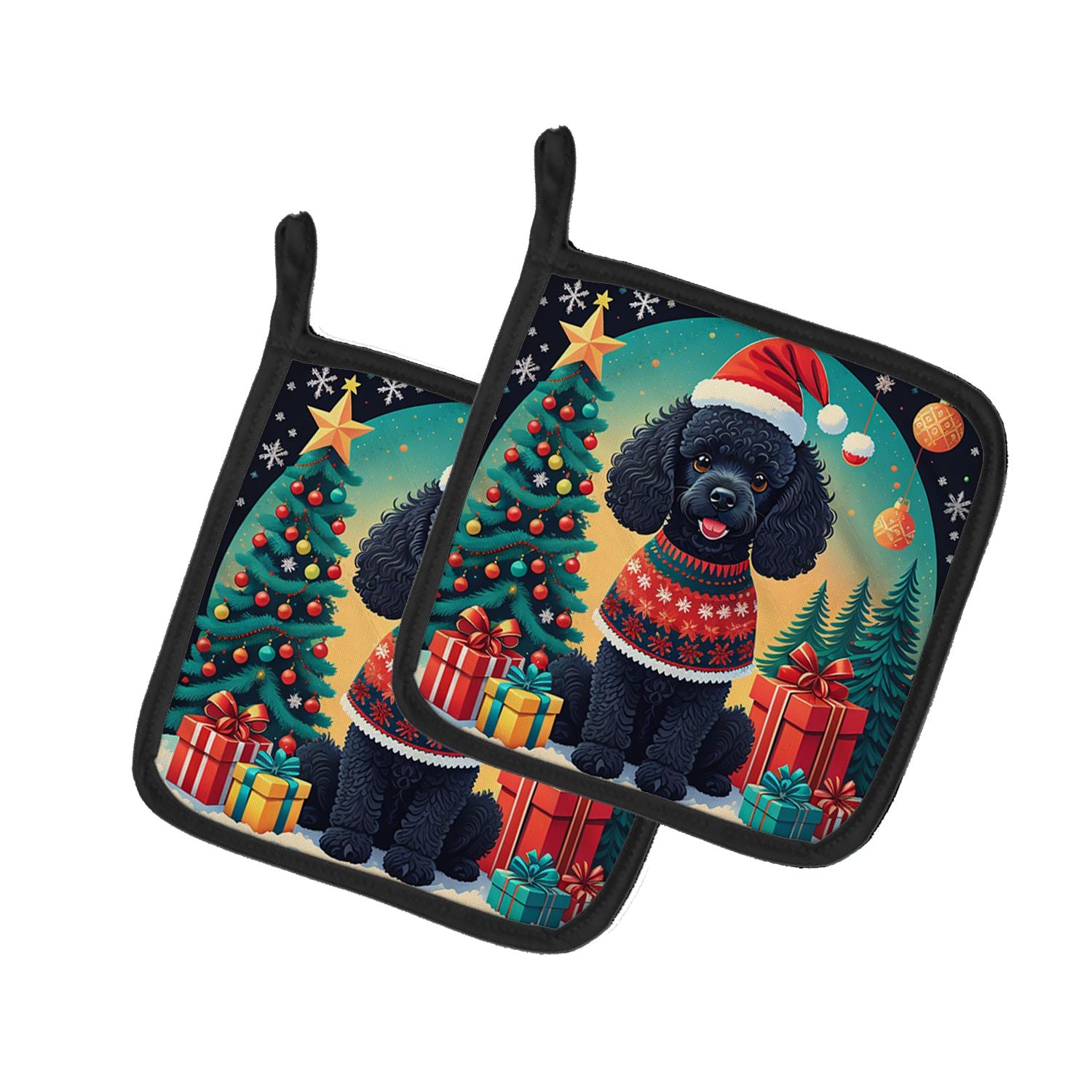 Black Toy Poodle Christmas Pair of Pot Holders Kitchen Heat Resistant Pot Holders Sets Oven Hot Pads for Cooking Baking BBQ, 7 1