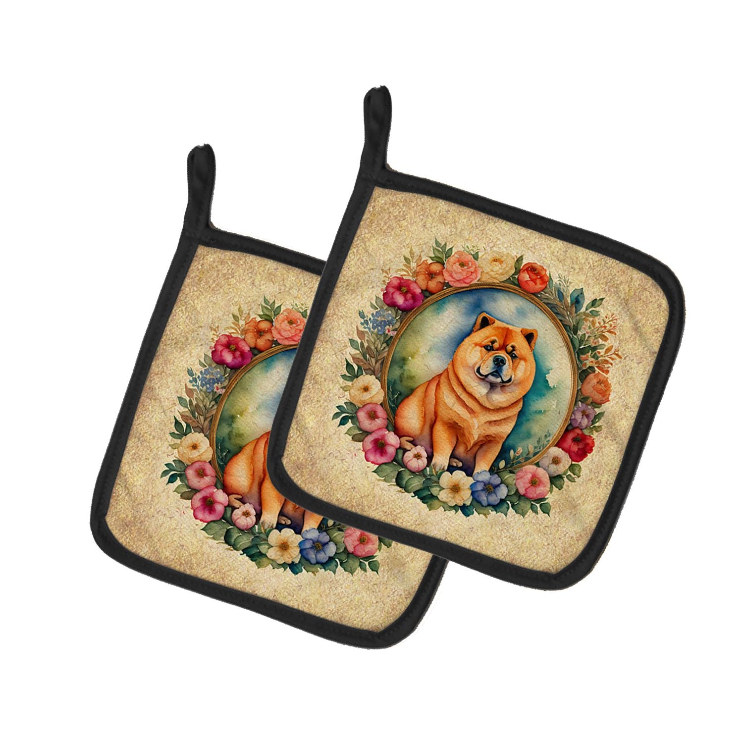 Chow Chow and Flowers Pair of Pot Holders Kitchen Heat Resistant Pot Holders Sets Oven Hot Pads for Cooking Baking BBQ, 7 1/2 x 