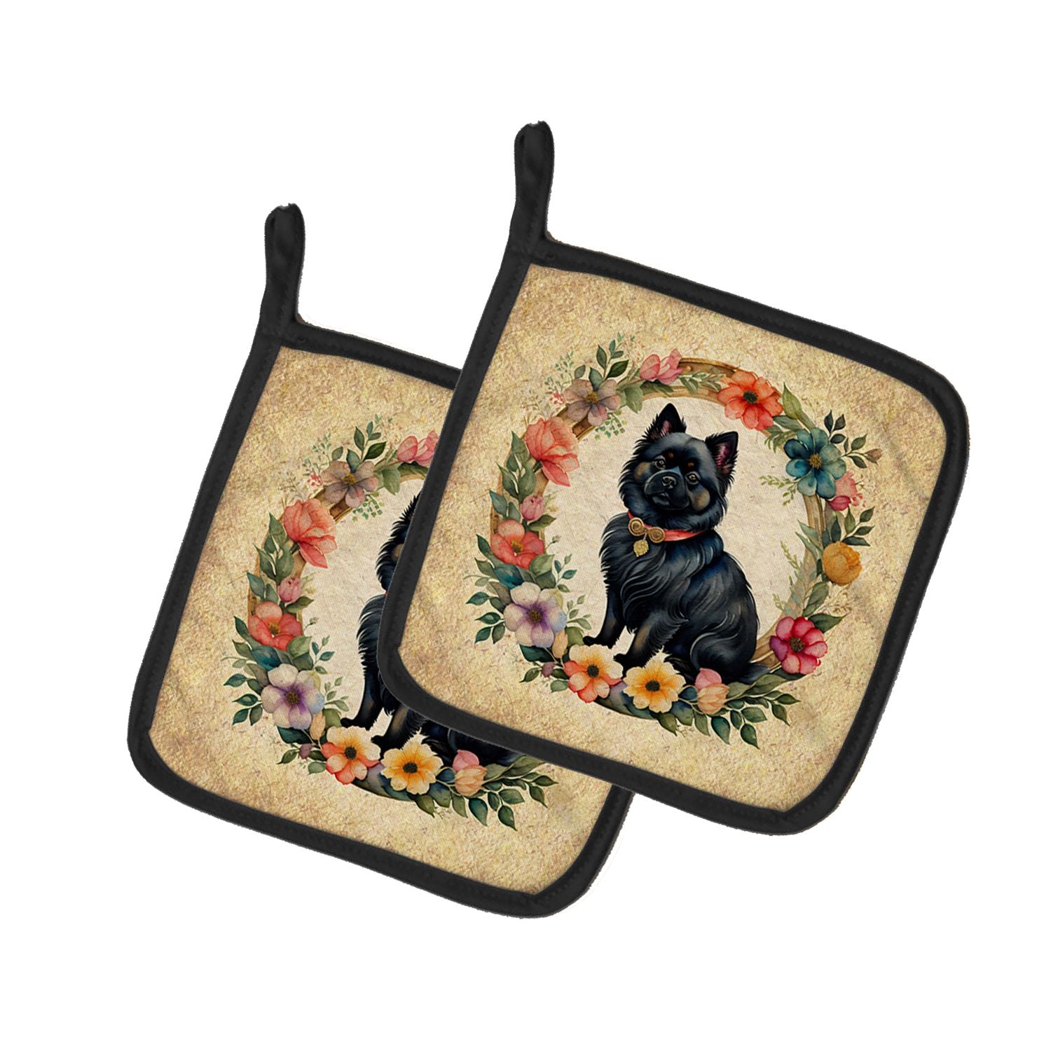 German Spitz and Flowers Pair of Pot Holders Kitchen Heat Resistant Pot Holders Sets Oven Hot Pads for Cooking Baking BBQ, 7 1/2