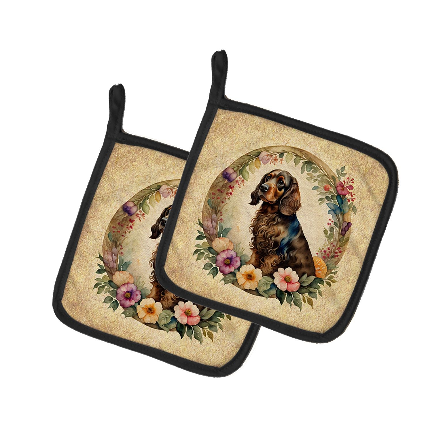 Field Spaniel and Flowers Pair of Pot Holders Kitchen Heat Resistant Pot Holders Sets Oven Hot Pads for Cooking Baking BBQ, 7 1/