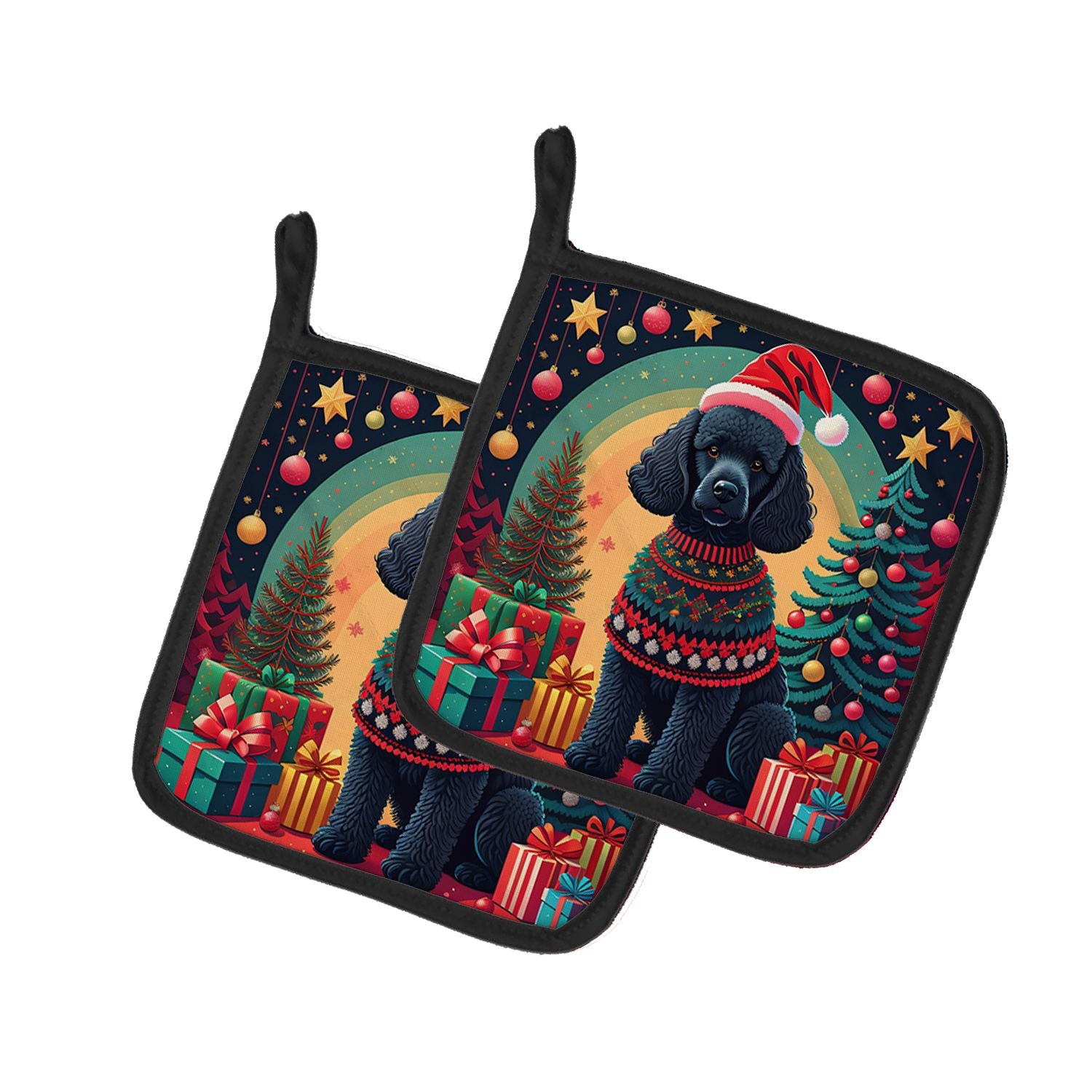Black Poodle Christmas Pair of Pot Holders Kitchen Heat Resistant Pot Holders Sets Oven Hot Pads for Cooking Baking BBQ, 7 1/2 x