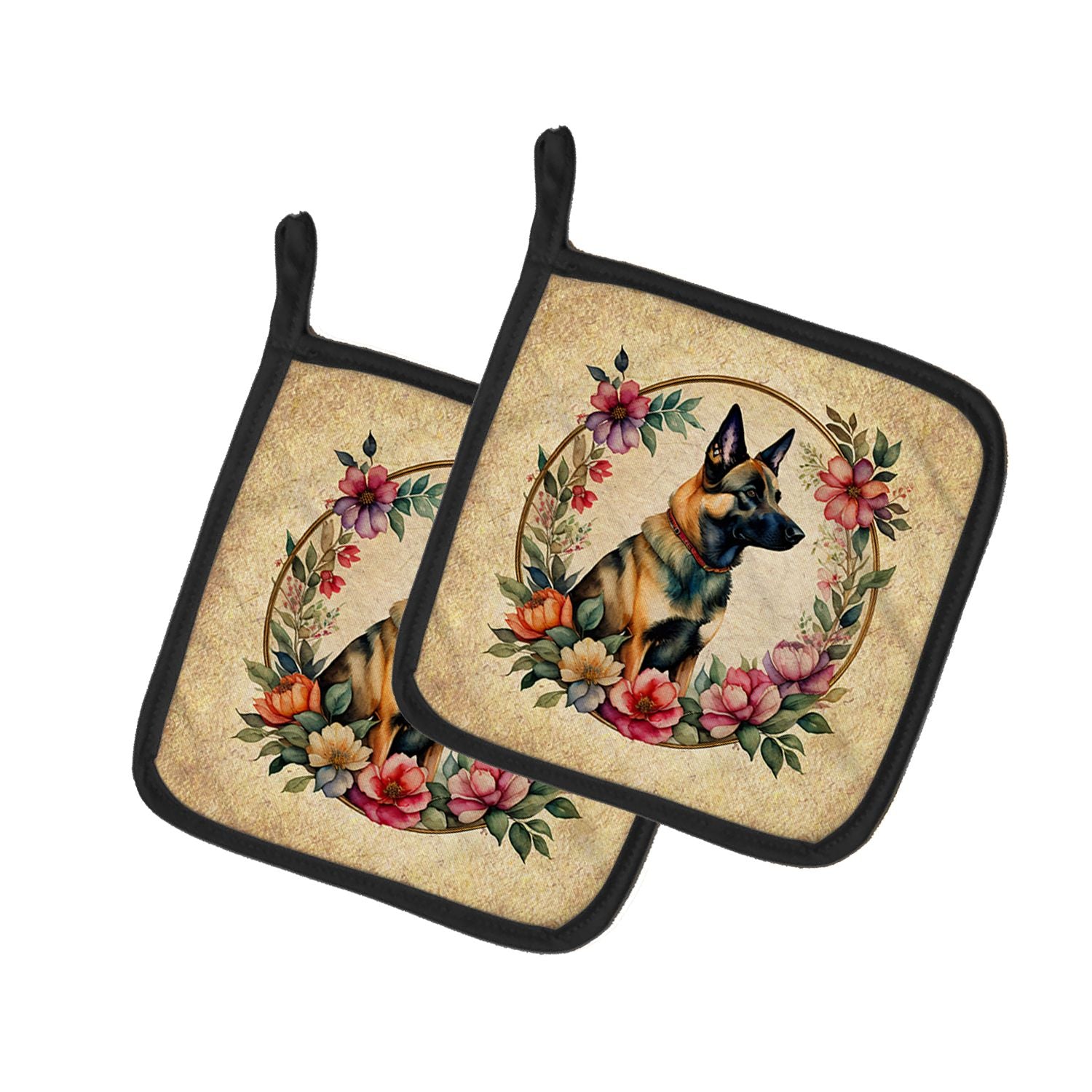 Belgian Malinois and Flowers Pair of Pot Holders Kitchen Heat Resistant Pot Holders Sets Oven Hot Pads for Cooking Baking BBQ, 7
