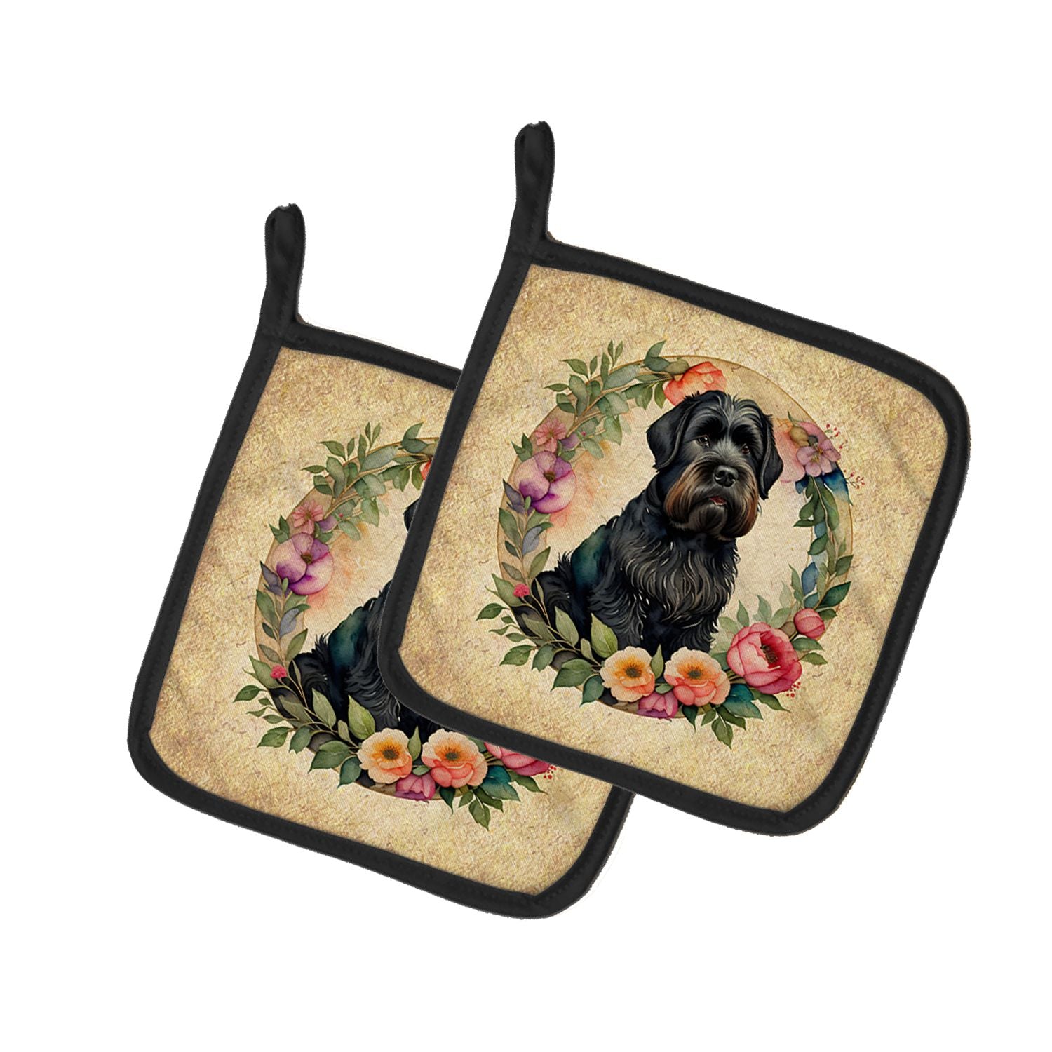 Black Russian Terrier and Flowers Pair of Pot Holders Kitchen Heat Resistant Pot Holders Sets Oven Hot Pads for Cooking Baking B
