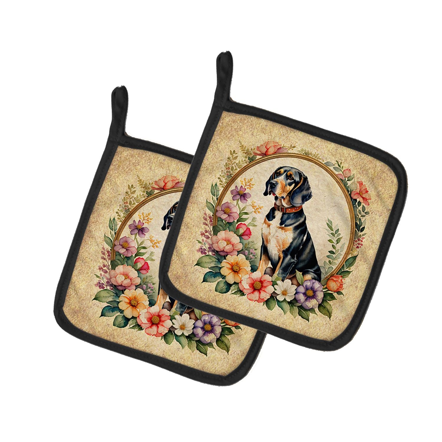 American English Coonhound and Flowers Pair of Pot Holders Kitchen Heat Resistant Pot Holders Sets Oven Hot Pads for Cooking Bak