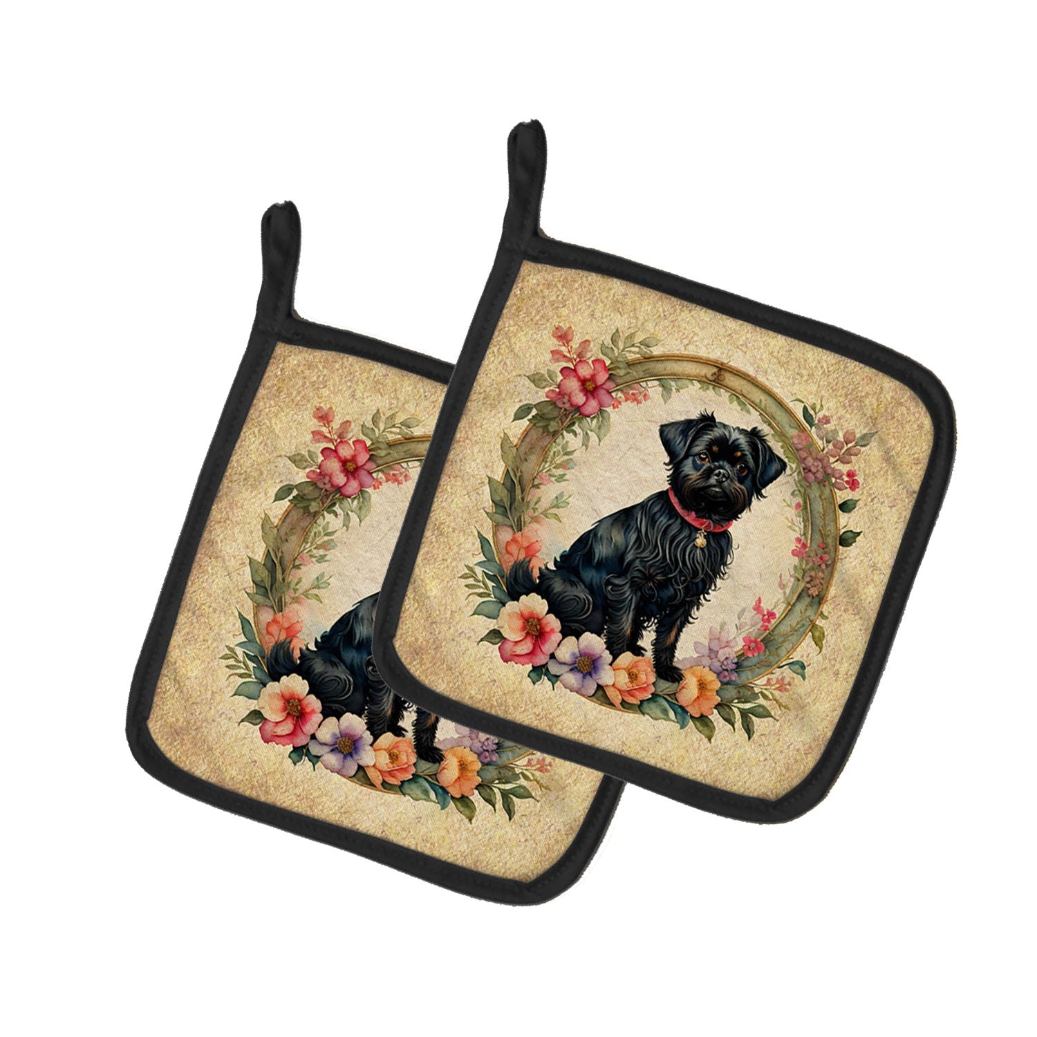 Affenpinscher and Flowers Pair of Pot Holders Kitchen Heat Resistant Pot Holders Sets Oven Hot Pads for Cooking Baking BBQ, 7 1/