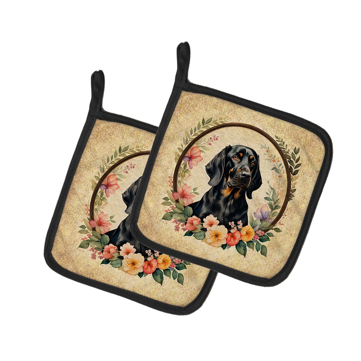 Black and Tan Coonhound and Flowers Pair of Pot Holders Kitchen Heat Resistant Pot Holders Sets Oven Hot Pads for Cooking Baking