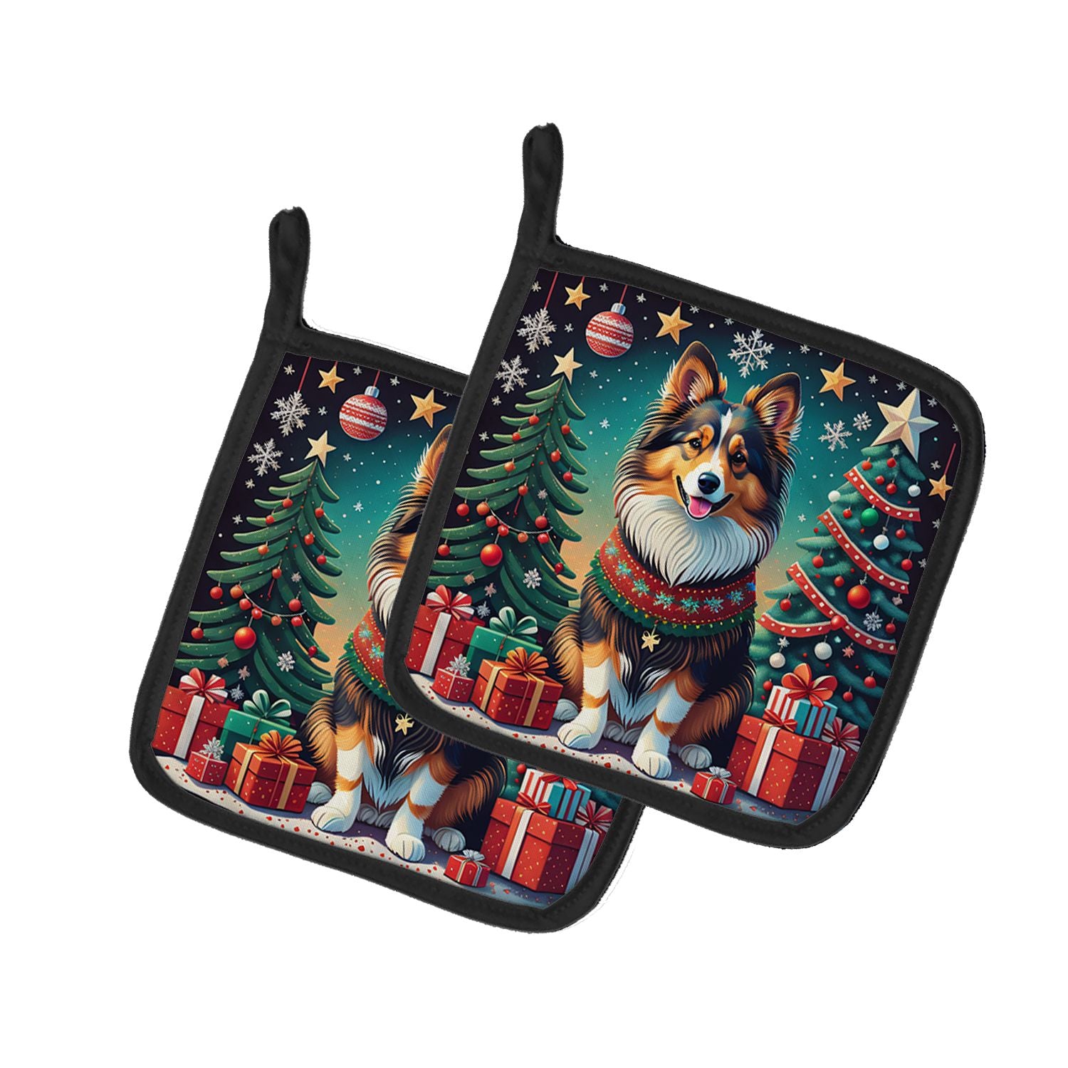 Sheltie Christmas Pair of Pot Holders Kitchen Heat Resistant Pot Holders Sets Oven Hot Pads for Cooking Baking BBQ, 7 1/2 x 7 1/