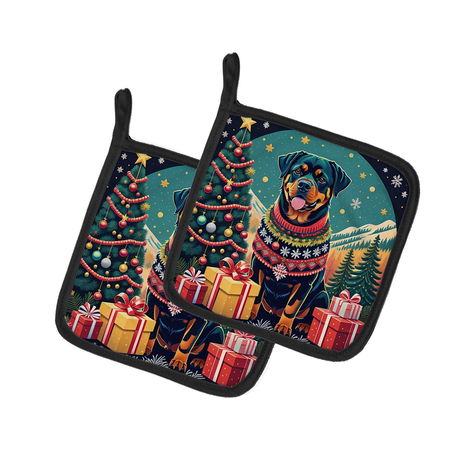 Rottweiler Christmas Pair of Pot Holders Kitchen Heat Resistant Pot Holders Sets Oven Hot Pads for Cooking Baking BBQ, 7 1/2 x 7