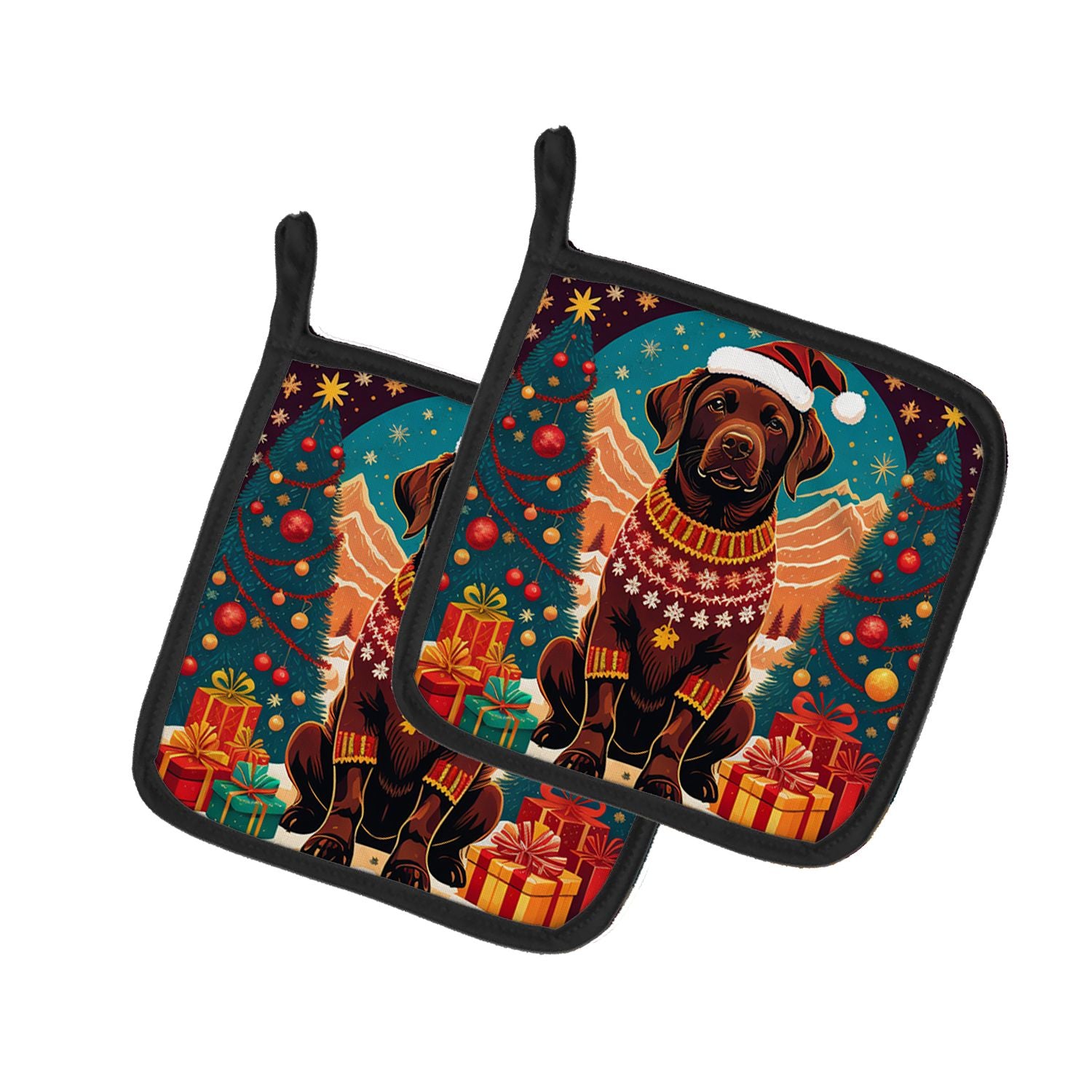 Chocolate Labrador Retriever Christmas Pair of Pot Holders Kitchen Heat Resistant Pot Holders Sets Oven Hot Pads for Cooking Bak