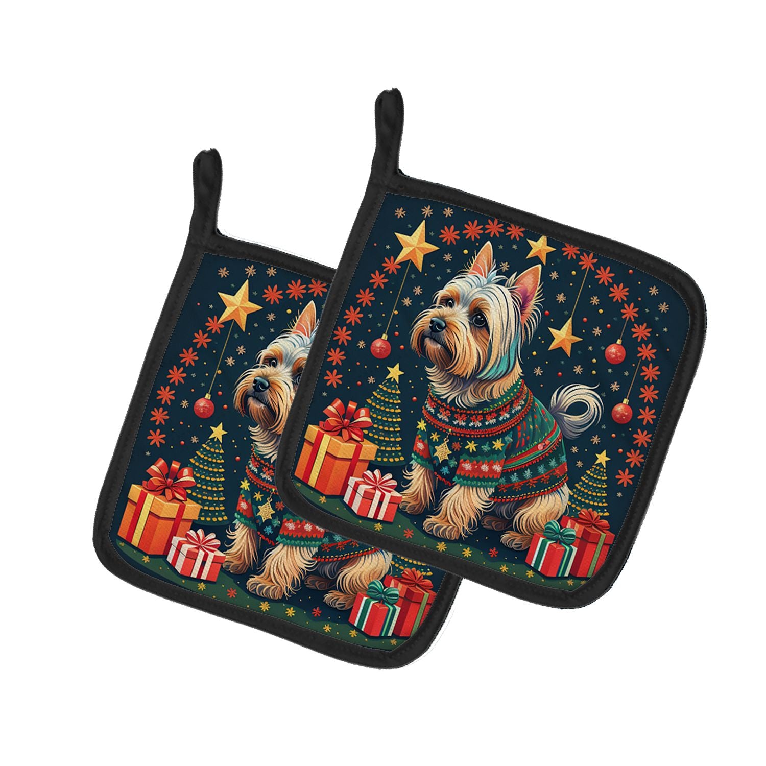 Silky Terrier Christmas Pair of Pot Holders Kitchen Heat Resistant Pot Holders Sets Oven Hot Pads for Cooking Baking BBQ, 7 1/2 