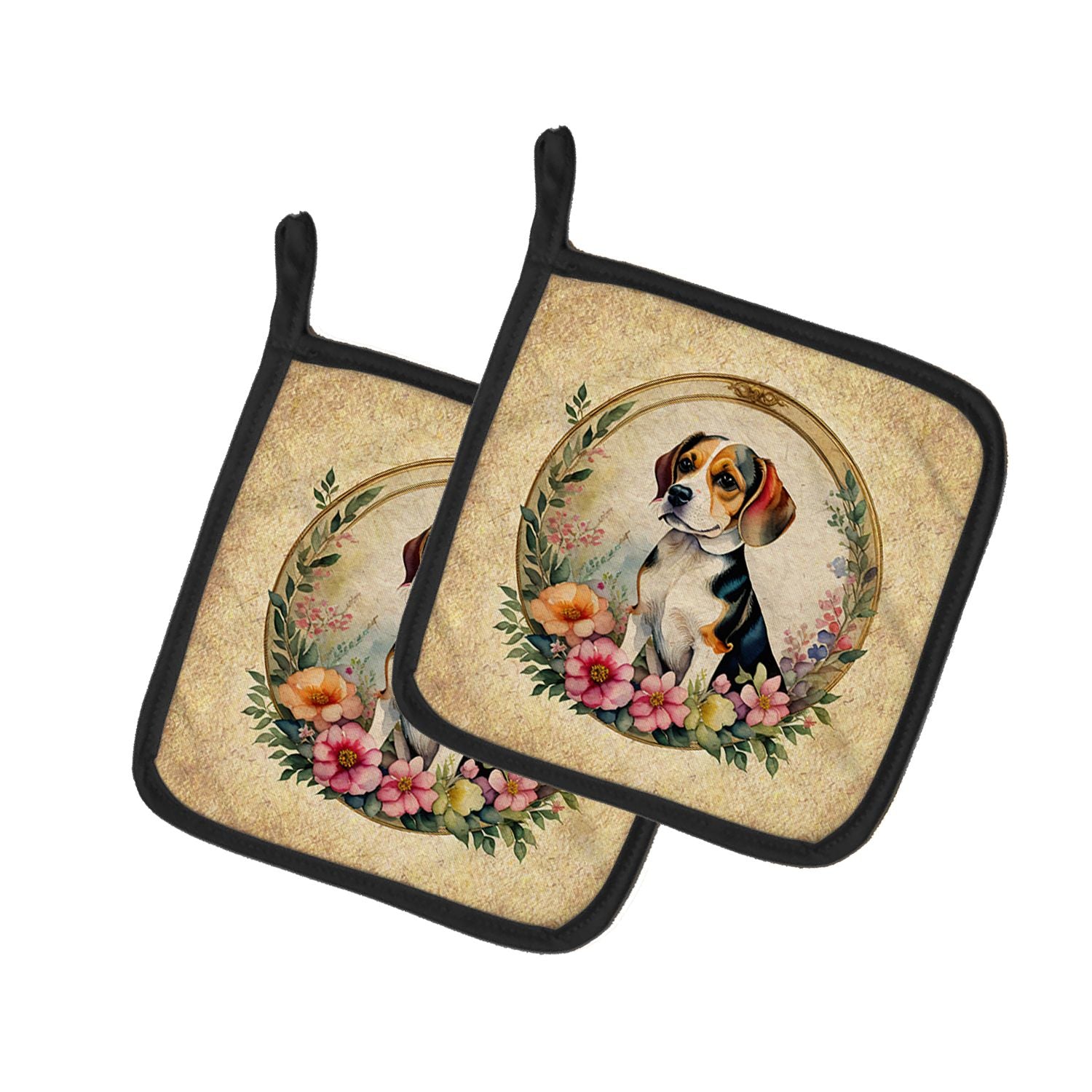 Beagle and Flowers Pair of Pot Holders Kitchen Heat Resistant Pot Holders Sets Oven Hot Pads for Cooking Baking BBQ, 7 1/2 x 7 1