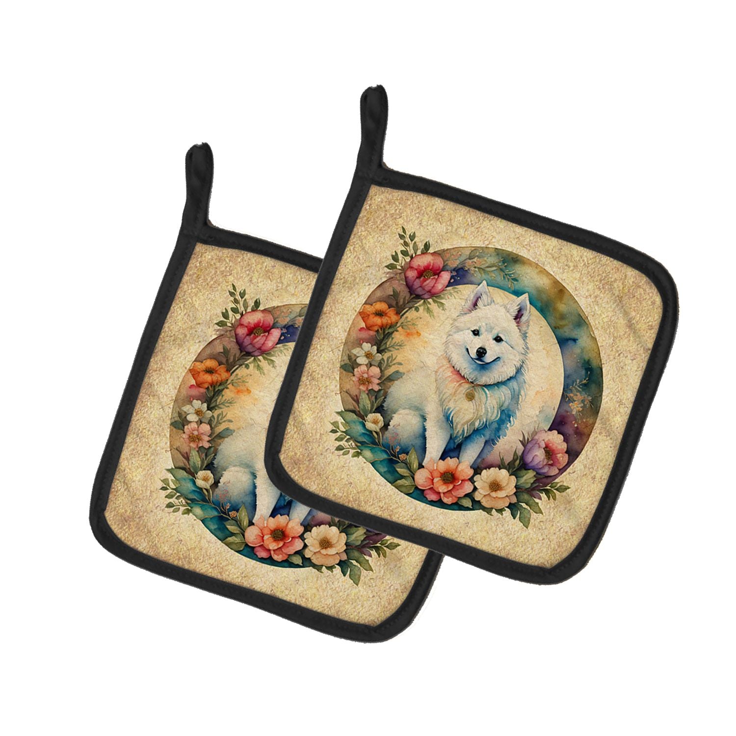 American Eskimo and Flowers Pair of Pot Holders Kitchen Heat Resistant Pot Holders Sets Oven Hot Pads for Cooking Baking BBQ, 7 