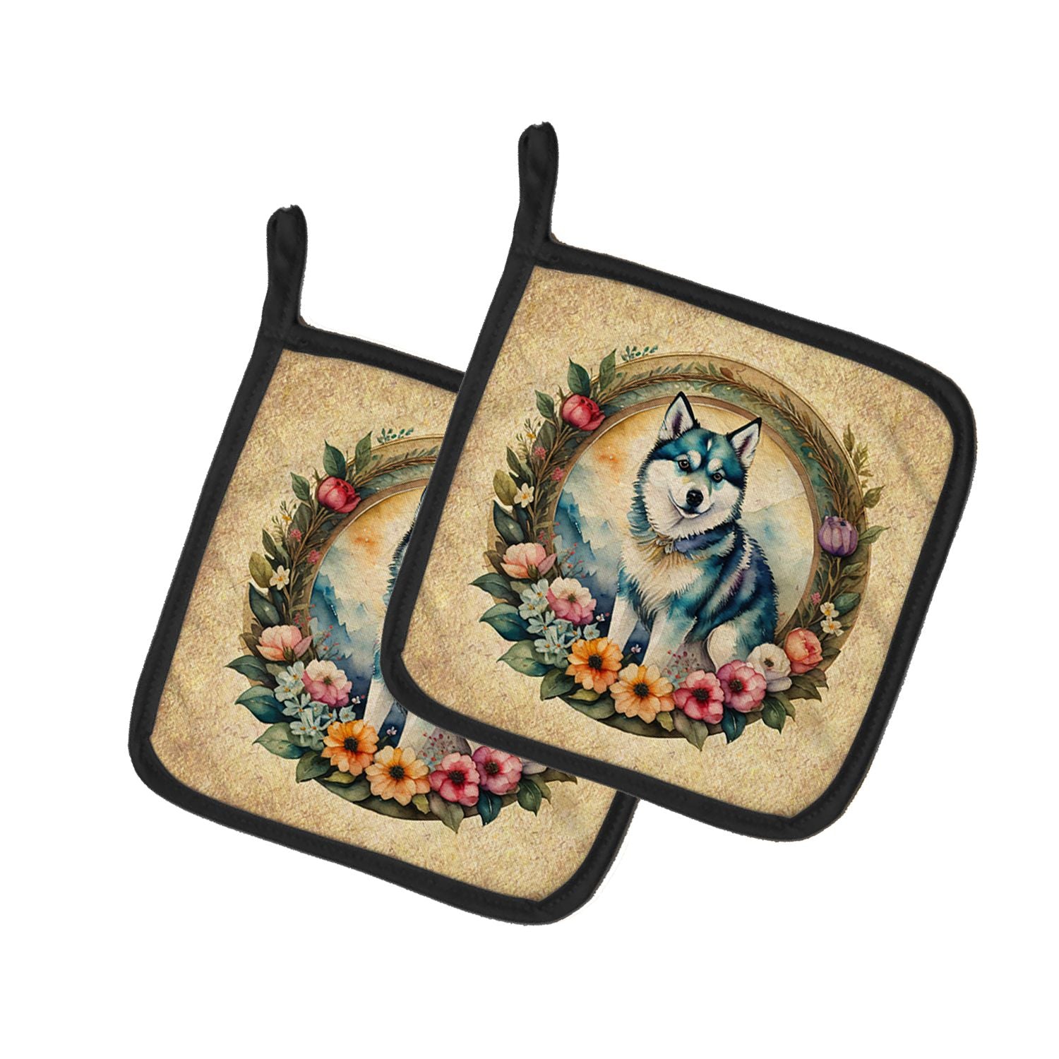 Alaskan Klee Kai and Flowers Pair of Pot Holders Kitchen Heat Resistant Pot Holders Sets Oven Hot Pads for Cooking Baking BBQ, 7