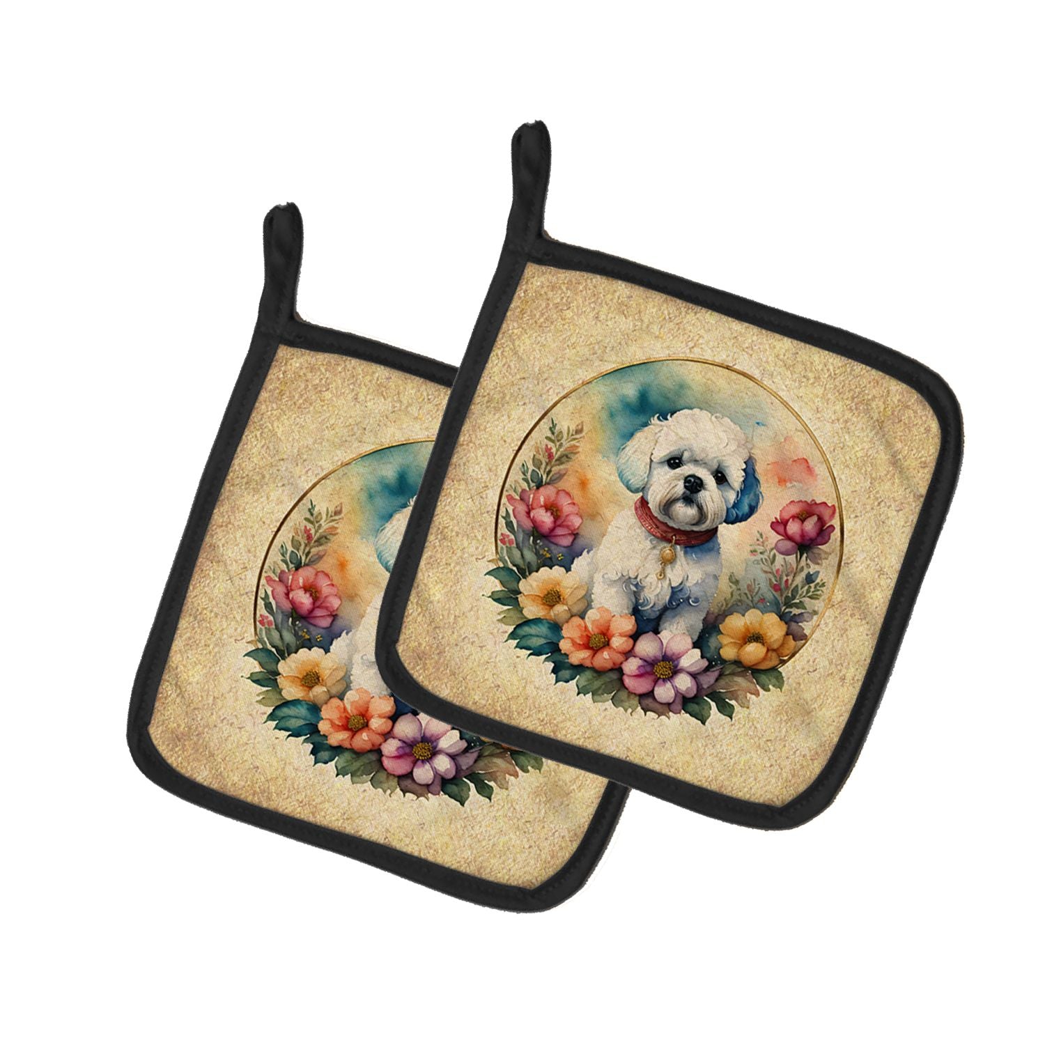 Bichon Frise and Flowers Pair of Pot Holders Kitchen Heat Resistant Pot Holders Sets Oven Hot Pads for Cooking Baking BBQ, 7 1/2