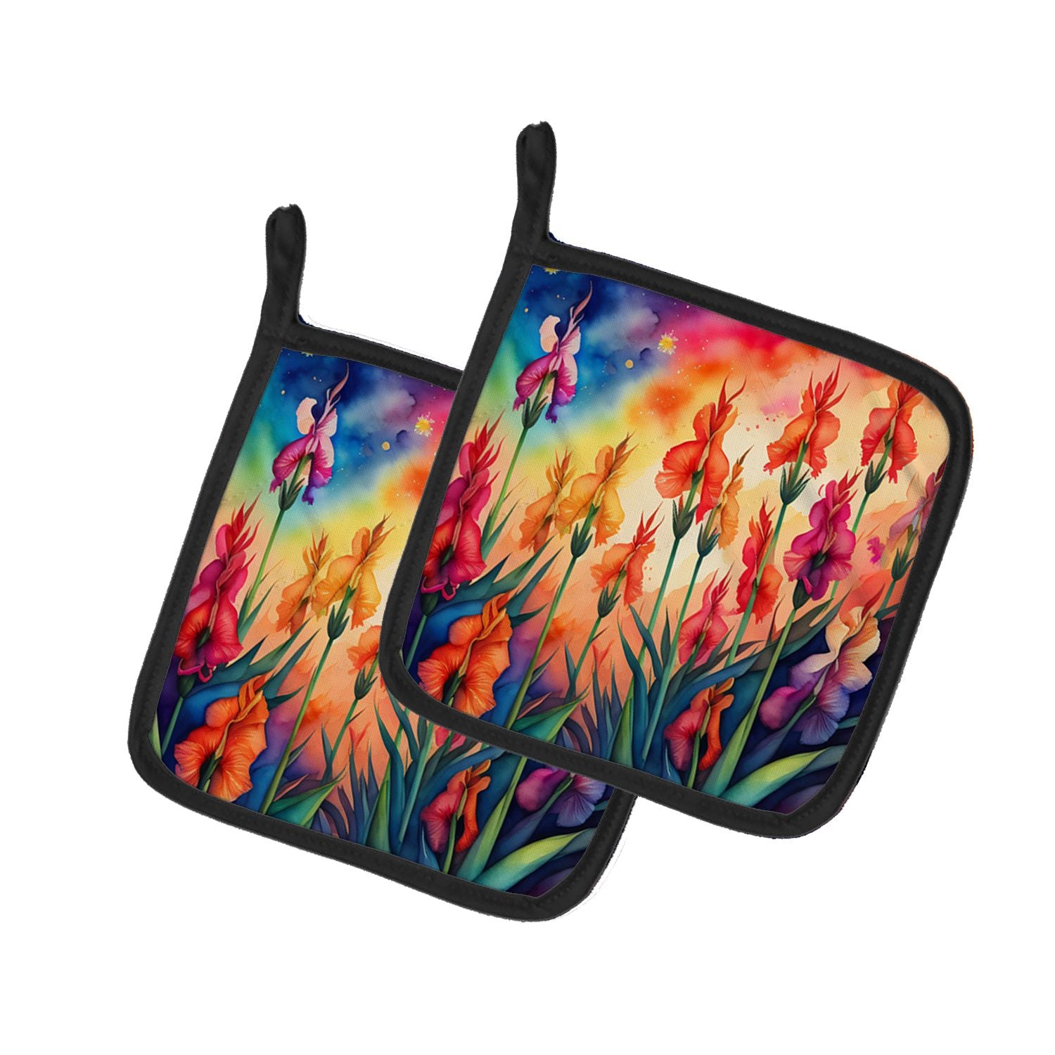 Colorful Gladiolus Pair of Pot Holders Kitchen Heat Resistant Pot Holders Sets Oven Hot Pads for Cooking Baking BBQ, 7 1/2 x 7 1