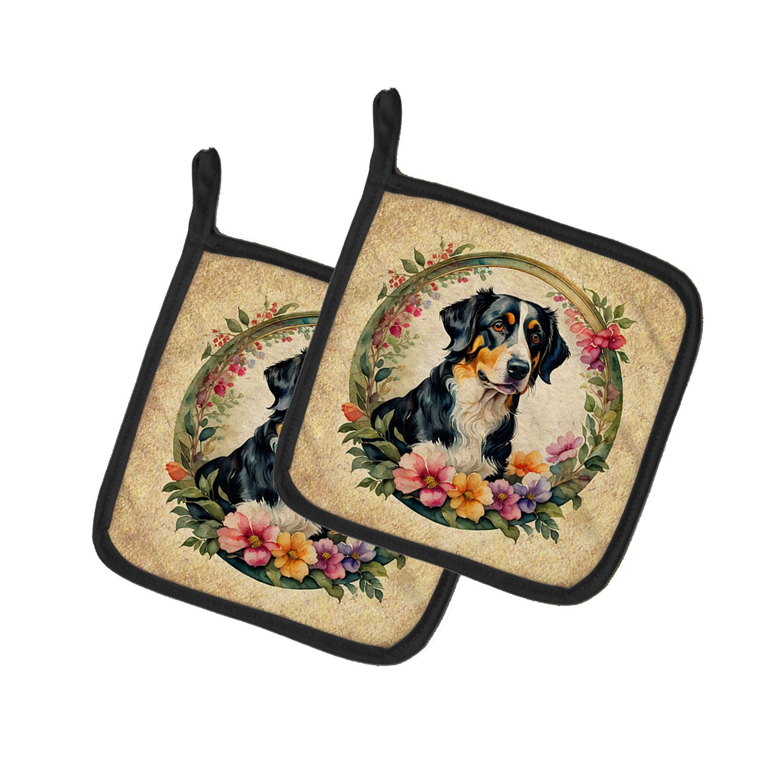 Appenzeller Sennenhund and Flowers Pair of Pot Holders Kitchen Heat Resistant Pot Holders Sets Oven Hot Pads for Cooking Baking 