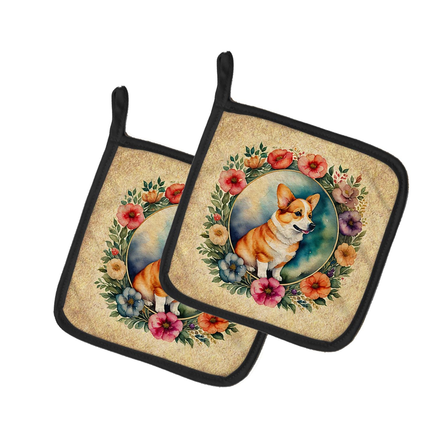 Corgi and Flowers Pair of Pot Holders Kitchen Heat Resistant Pot Holders Sets Oven Hot Pads for Cooking Baking BBQ, 7 1/2 x 7 1/