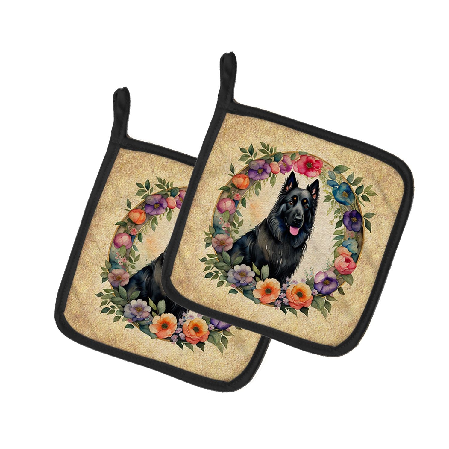 Belgian Sheepdog and Flowers Pair of Pot Holders Kitchen Heat Resistant Pot Holders Sets Oven Hot Pads for Cooking Baking BBQ, 7