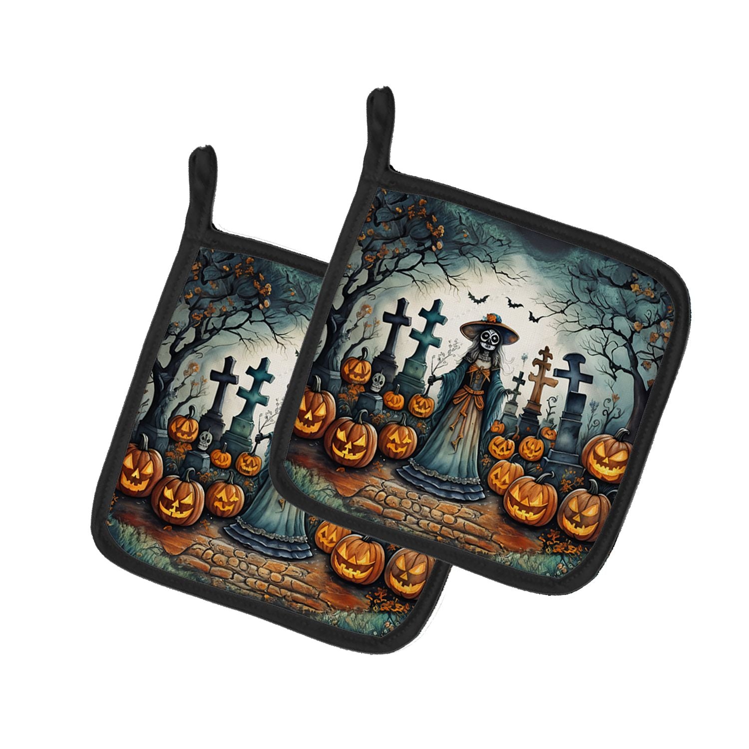 La Catrina Skeleton Spooky Halloween Pair of Pot Holders Kitchen Heat Resistant Pot Holders Sets Oven Hot Pads for Cooking Bakin
