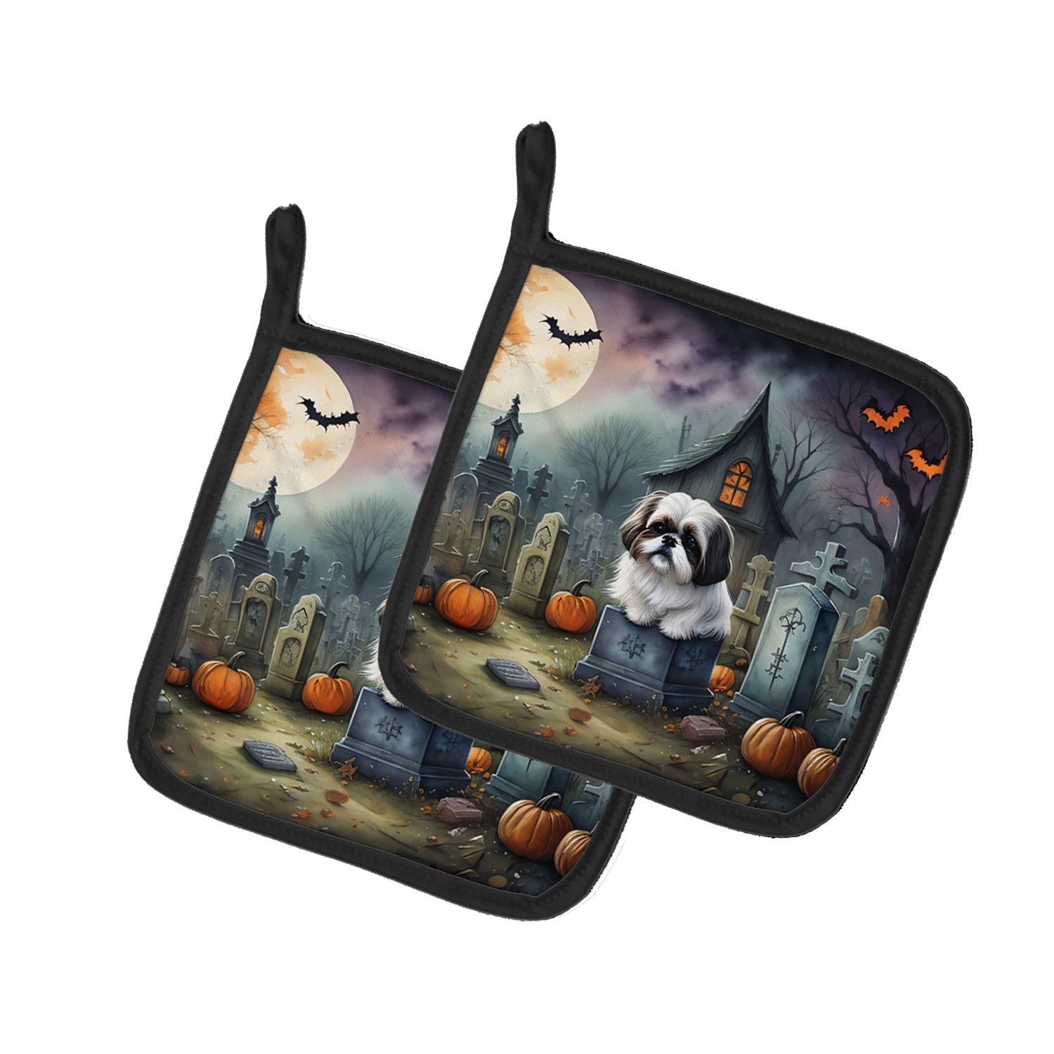 Shih Tzu Spooky Halloween Pair of Pot Holders Kitchen Heat Resistant Pot Holders Sets Oven Hot Pads for Cooking Baking BBQ, 7 1/