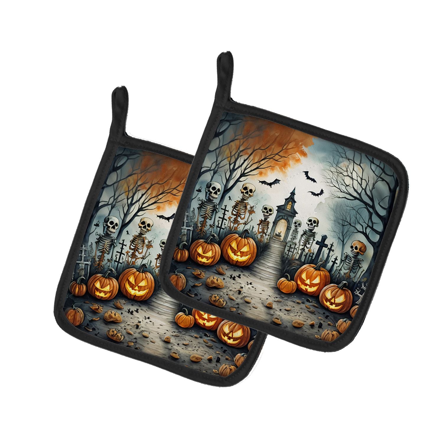 Skeleton Spooky Halloween Pair of Pot Holders Kitchen Heat Resistant Pot Holders Sets Oven Hot Pads for Cooking Baking BBQ, 7 1/