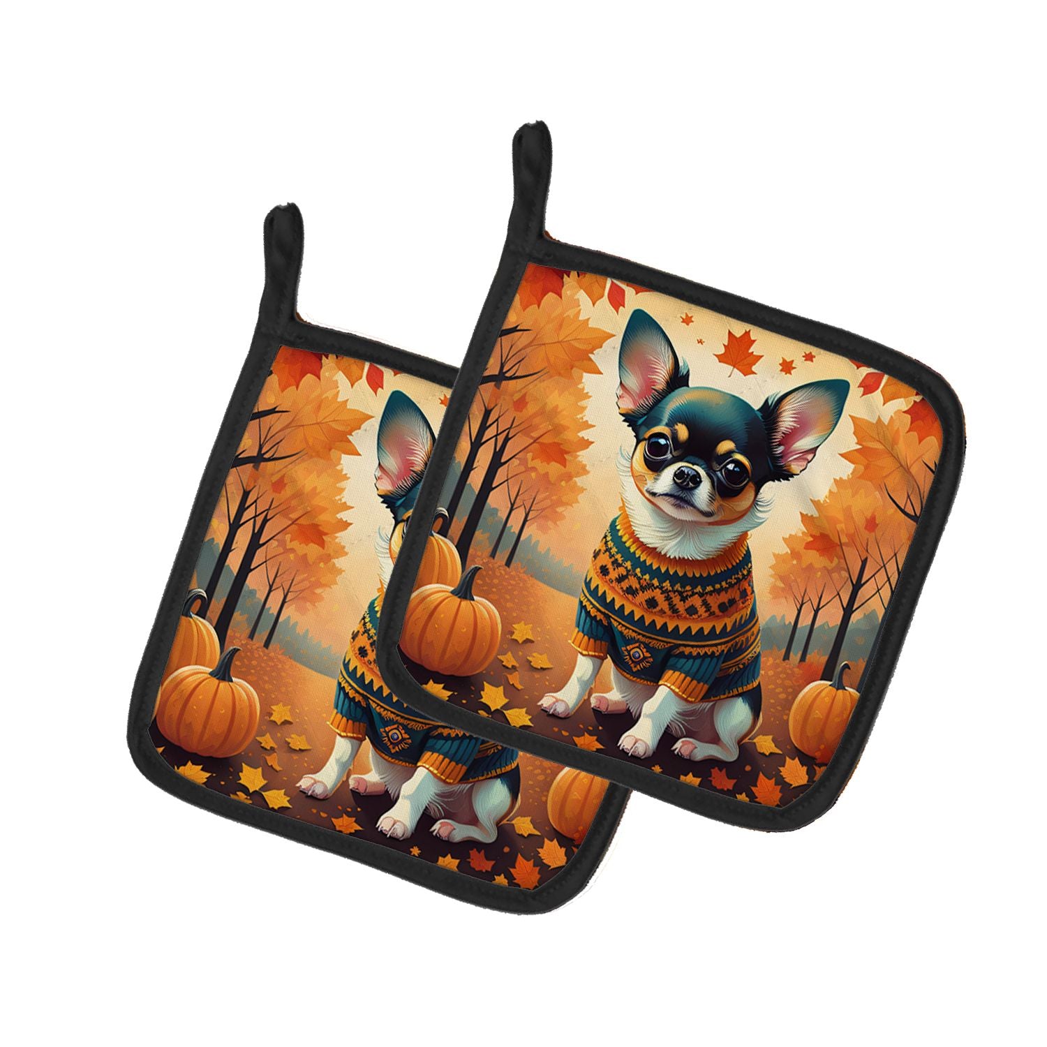 Tricolor Chihuahua Fall Pair of Pot Holders Kitchen Heat Resistant Pot Holders Sets Oven Hot Pads for Cooking Baking BBQ, 7 1/2 