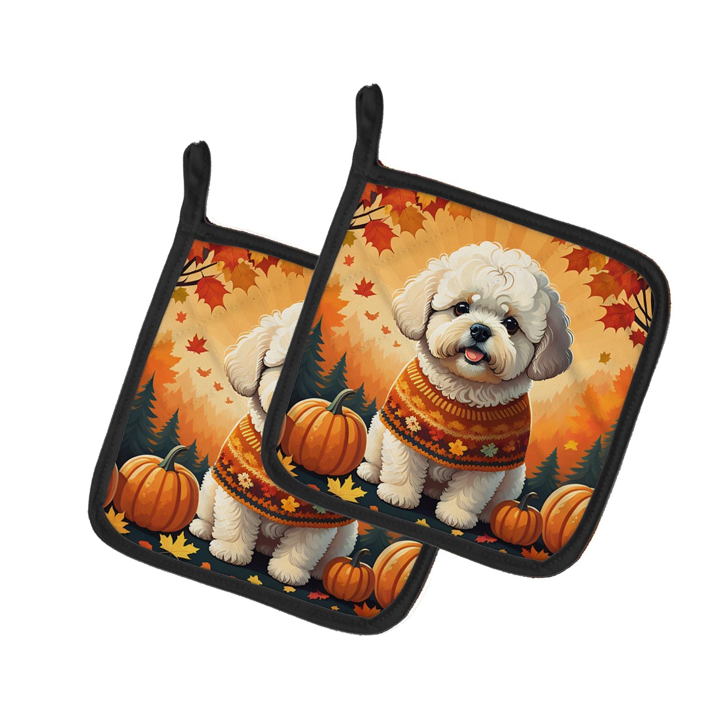 Bichon Frise Fall Pair of Pot Holders Kitchen Heat Resistant Pot Holders Sets Oven Hot Pads for Cooking Baking BBQ, 7 1/2 x 7 1/