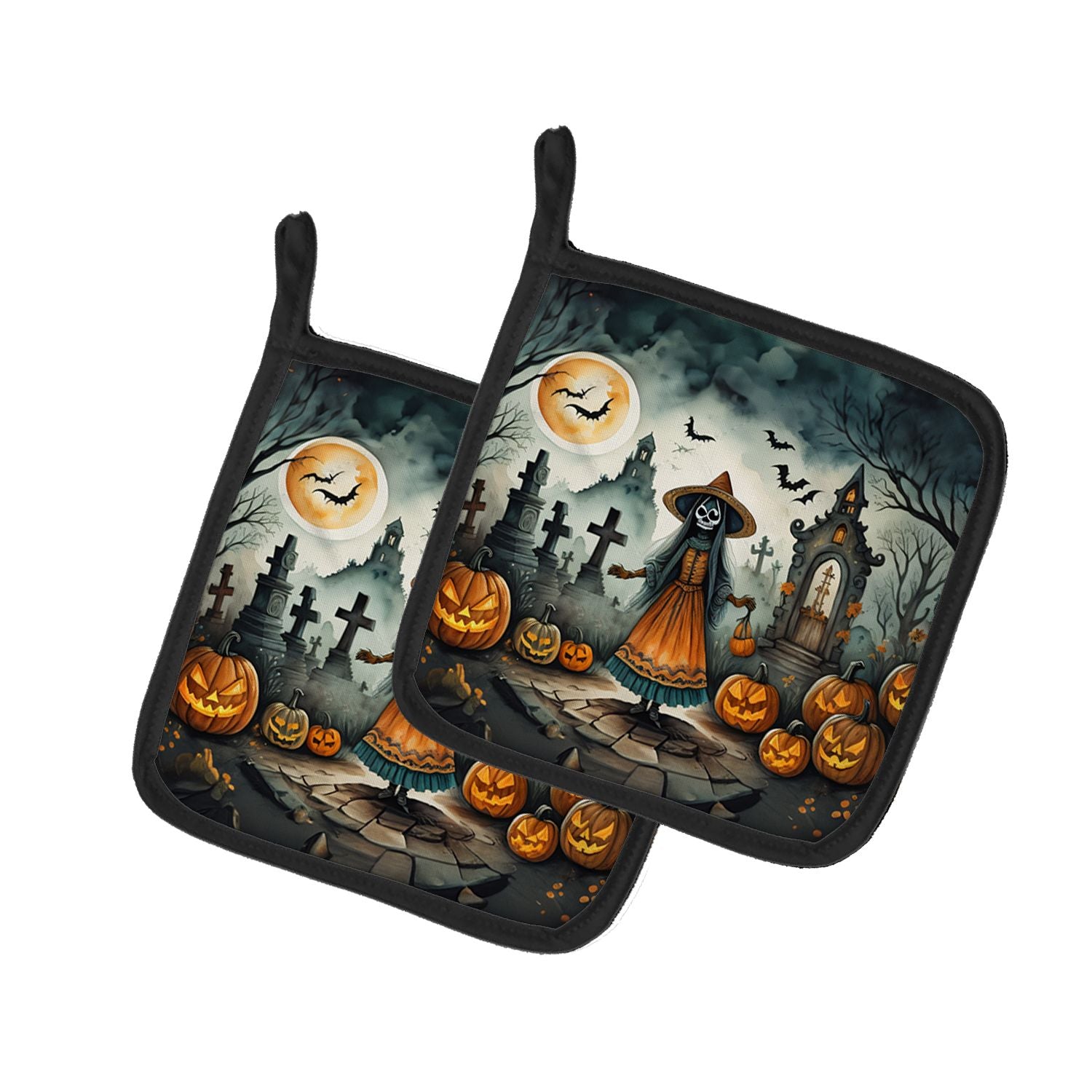 La Llorona Skeleton Spooky Halloween Pair of Pot Holders Kitchen Heat Resistant Pot Holders Sets Oven Hot Pads for Cooking Bakin