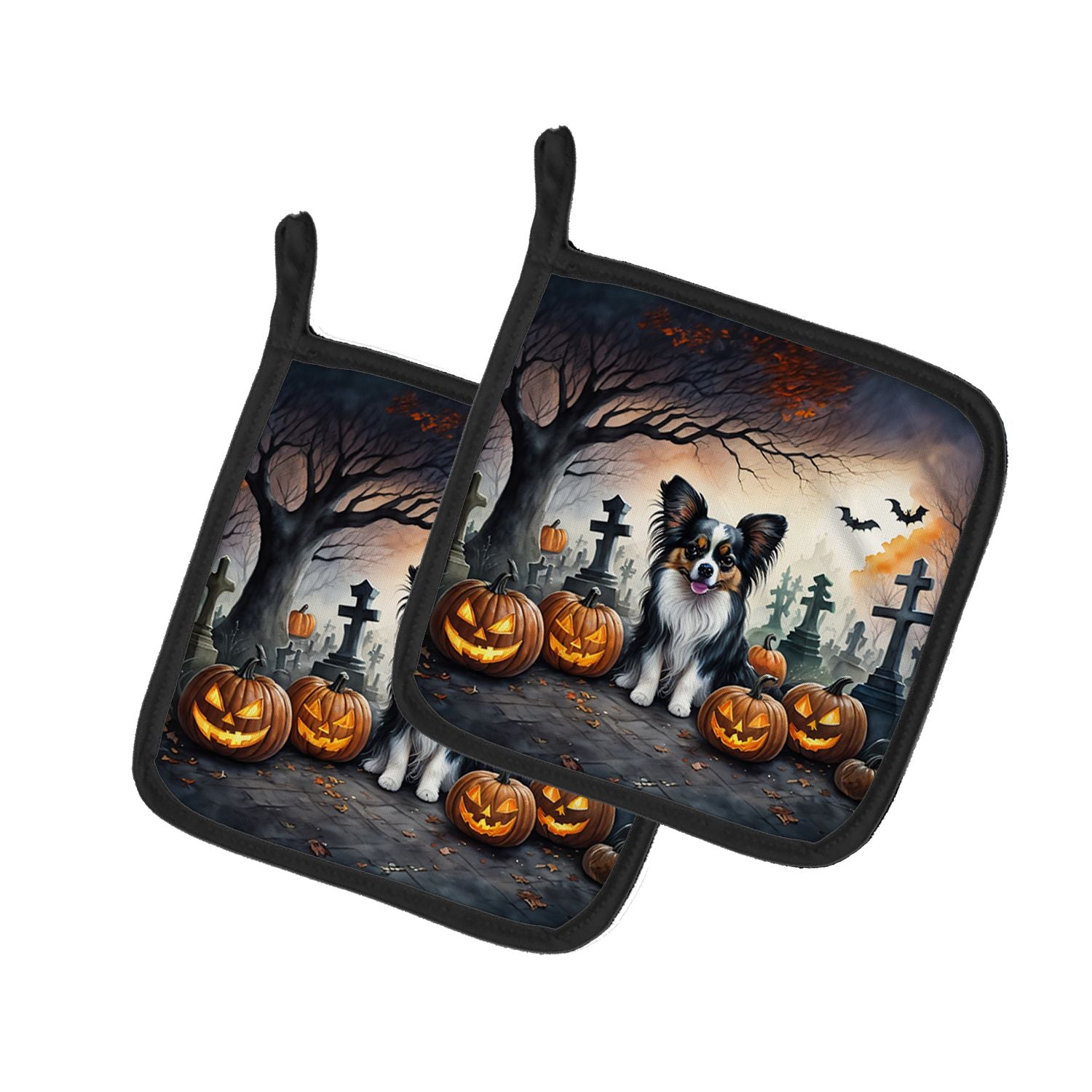 Papillon Spooky Halloween Pair of Pot Holders Kitchen Heat Resistant Pot Holders Sets Oven Hot Pads for Cooking Baking BBQ, 7 1/